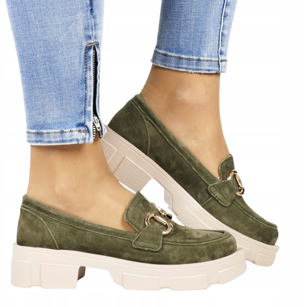 LOAFERSY KHAKI Z KLAMRĄ MOKASYNY NA PLATFORMIE SKÓRA GRUBA PODESZWA ZIELONE Marka bez marki