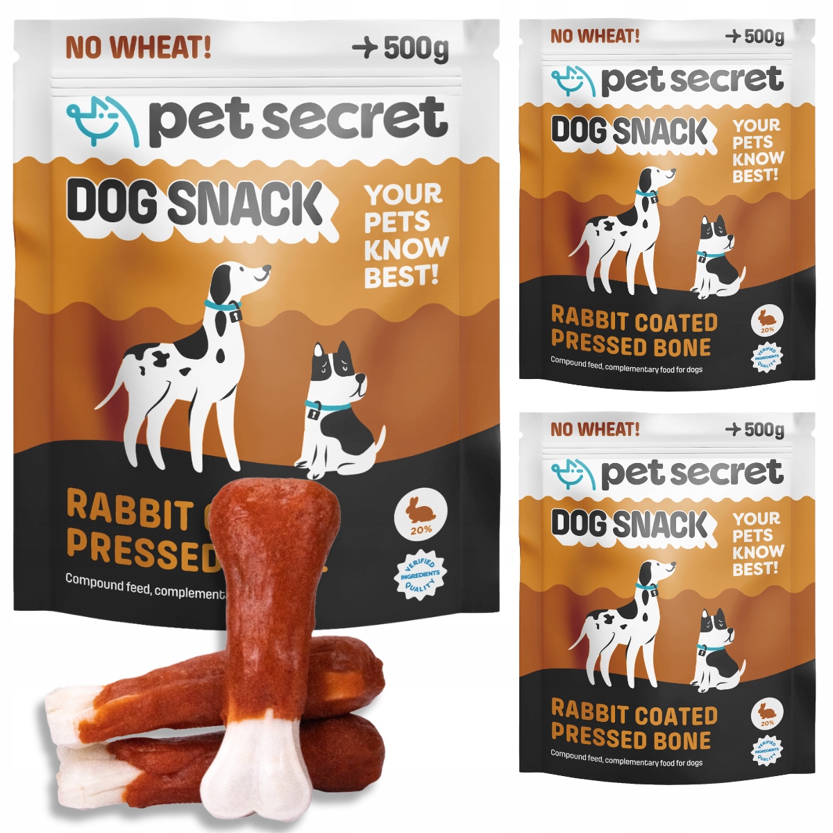 Levně Psí pamlsek Lisovaná kost bílá s králíkem 3x500g Pet Secret Kousátko
