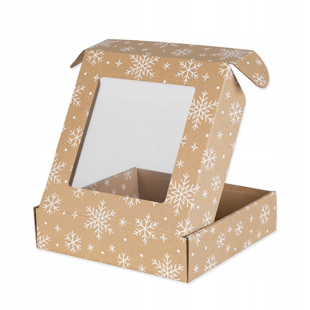 Pudełko z OKIENKIEM na prezent 200x200x50mm nadruk ŚnieŻynki PAKIET 10szt Marka TipTopHome