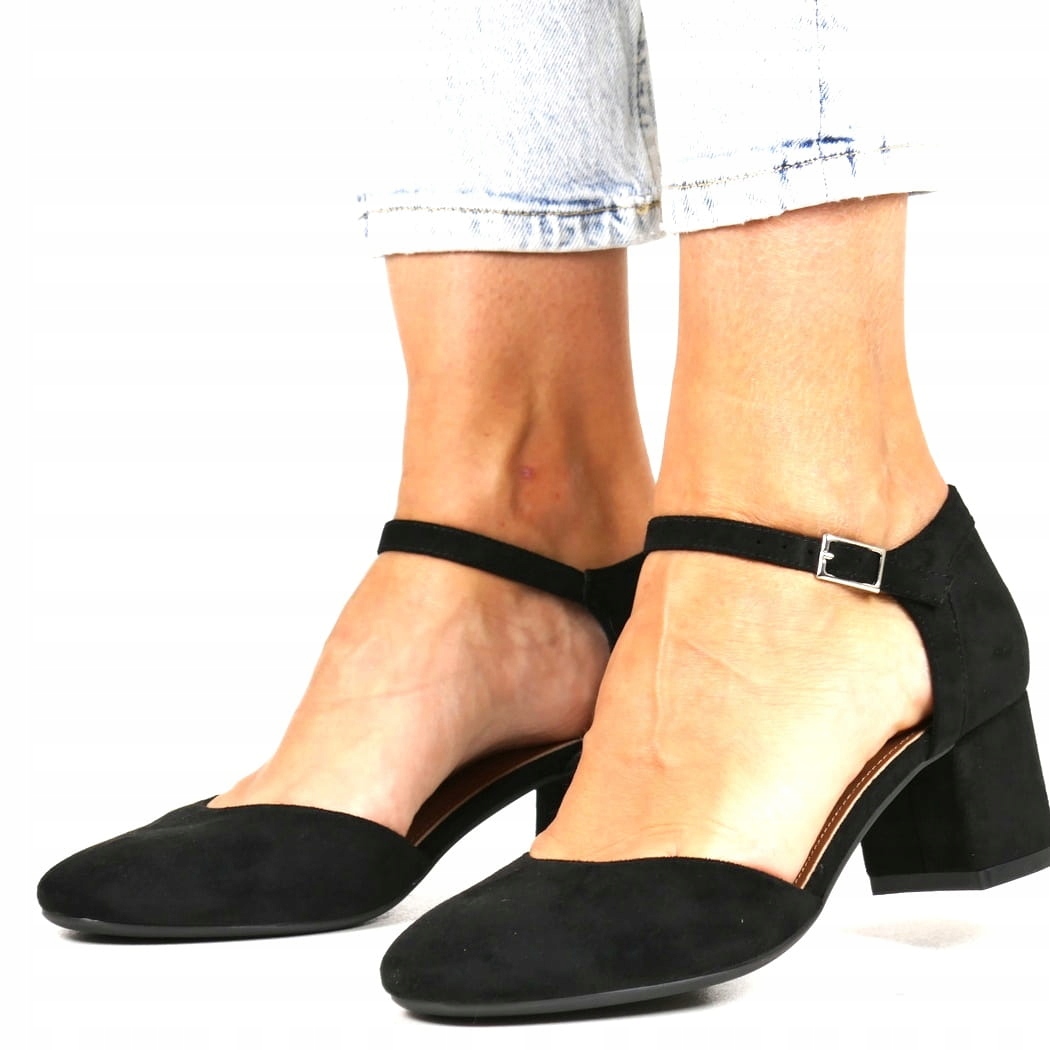 Lodičky Sandály S Páskem Na Kotníku Černé Semišové Nízké Pohodlné 39