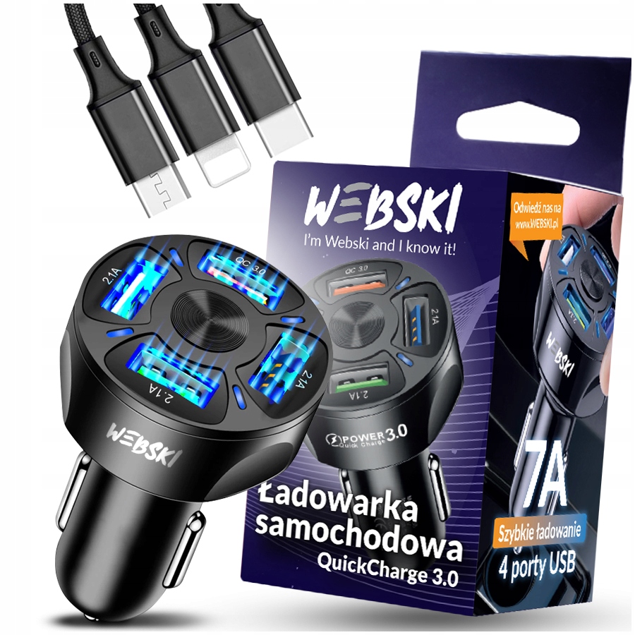 

7w1 Szybka Ładowarka Samochodowa Qc 3.0 7A Kabel