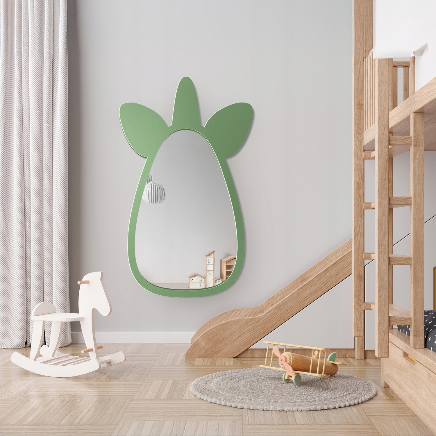 Zrcadlo pro dítě v zeleném rámu mdf Jednorožec 70x117