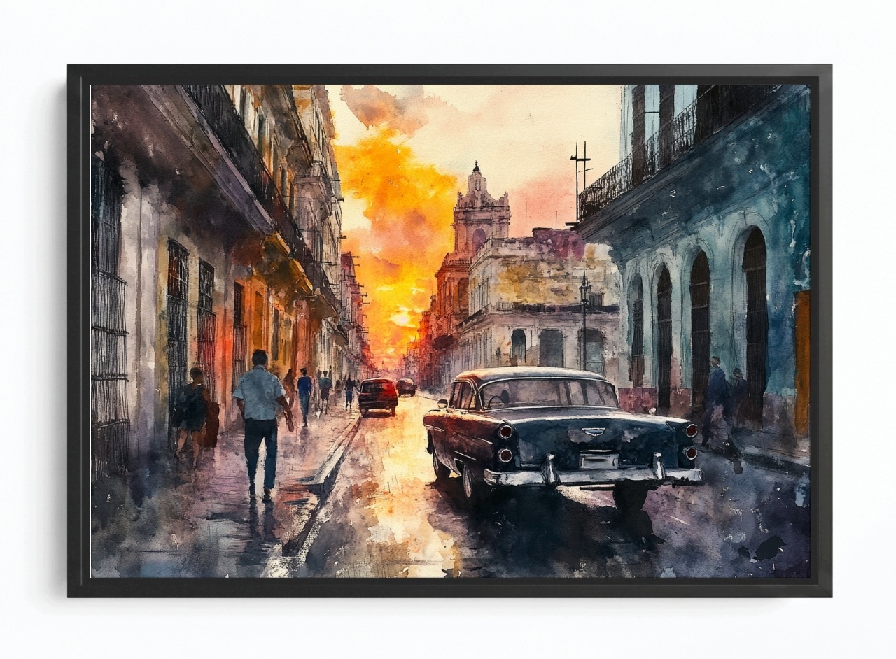 Obraz Rám Americký Box Havana Kuba Západ Slunce Auto Akvarel 60x40