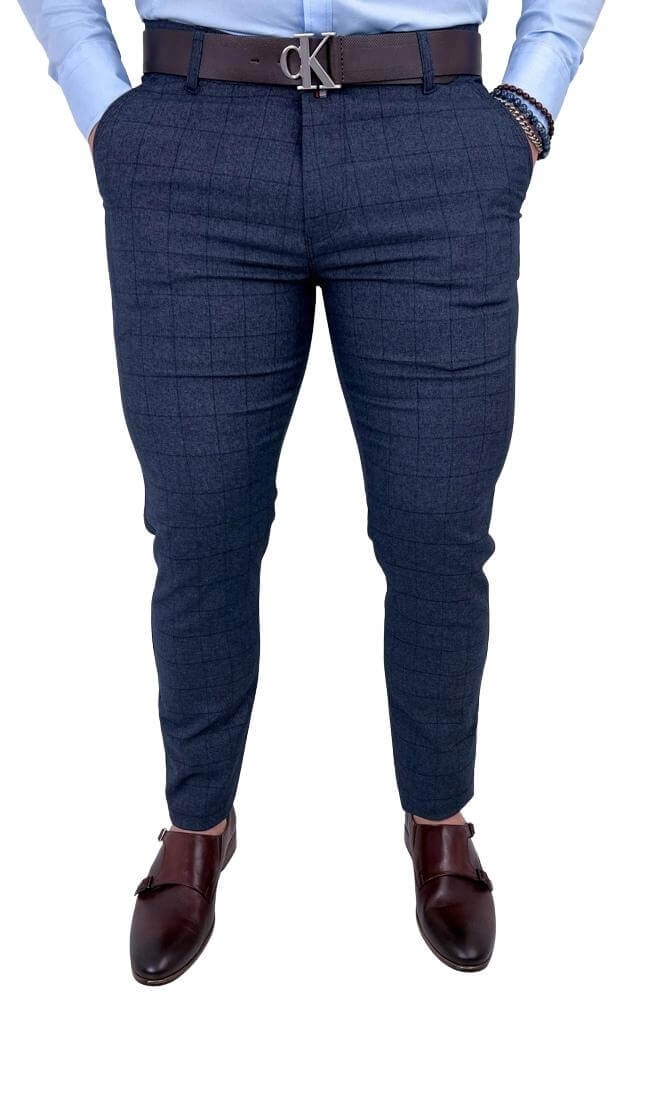 Granatowe spodnie w krate meskie slim fit Diego 38