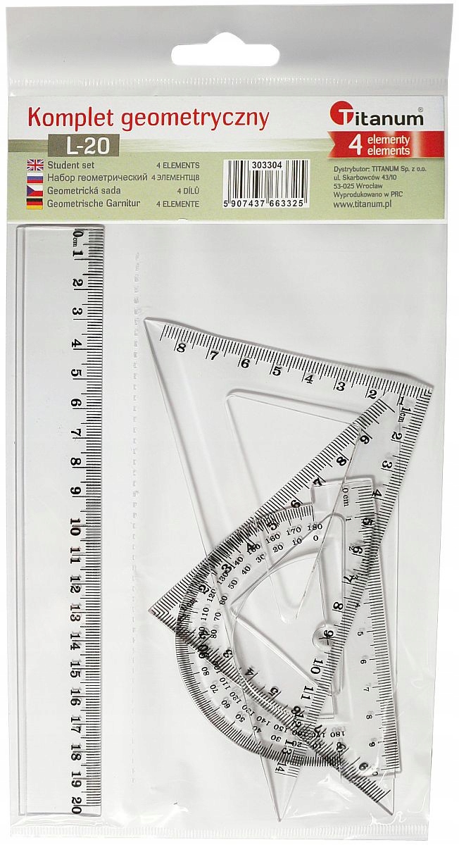 KOMPLET GEOMETRYCZNY 20cm Titanum 4-elementy linijka kątomierz 2 ekierki EAN (GTIN) 5907437663325
