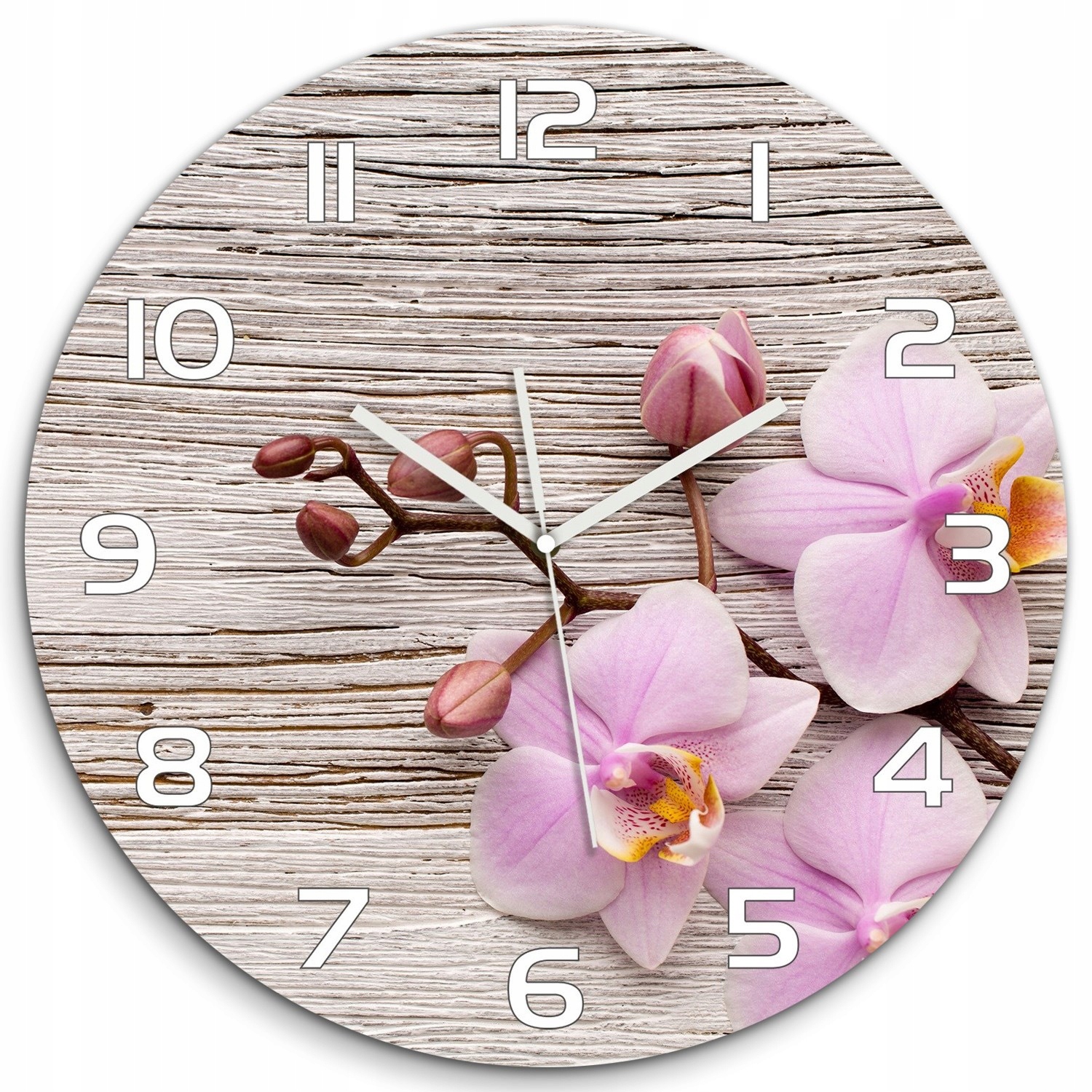 

Cichy szklany zegar Orchidea na drewnie fi 60 cm