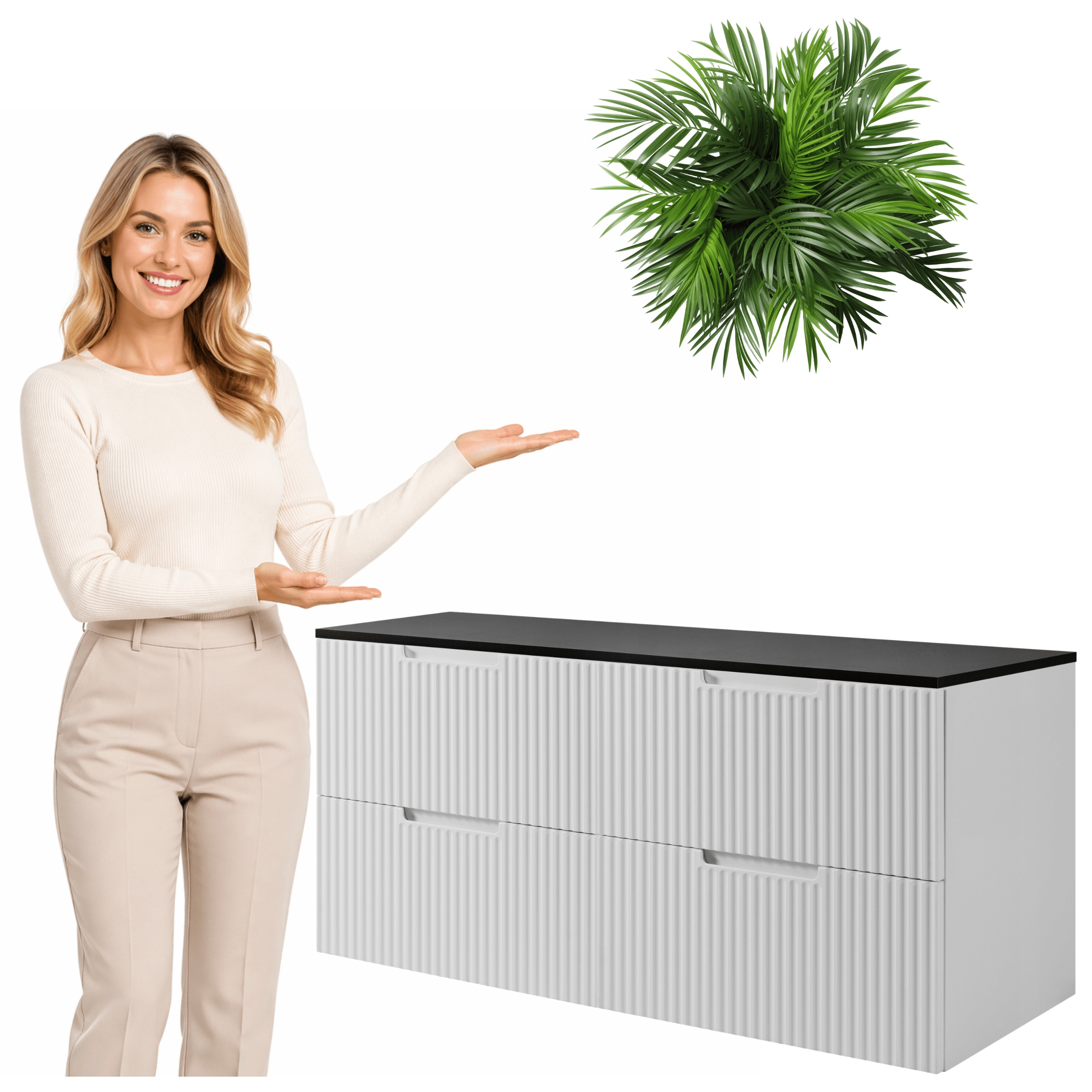 Szafka Łazienkowa Wisząca Ryflowana 120 CM Pod Umywalkę Biała Blat Czarny