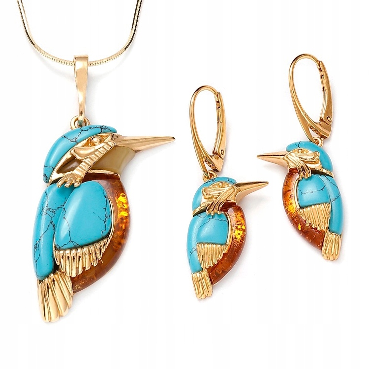 Zlatý Komplet Šperků Tyrkys Jantar Zimorodek Stříbro Pozlacený
