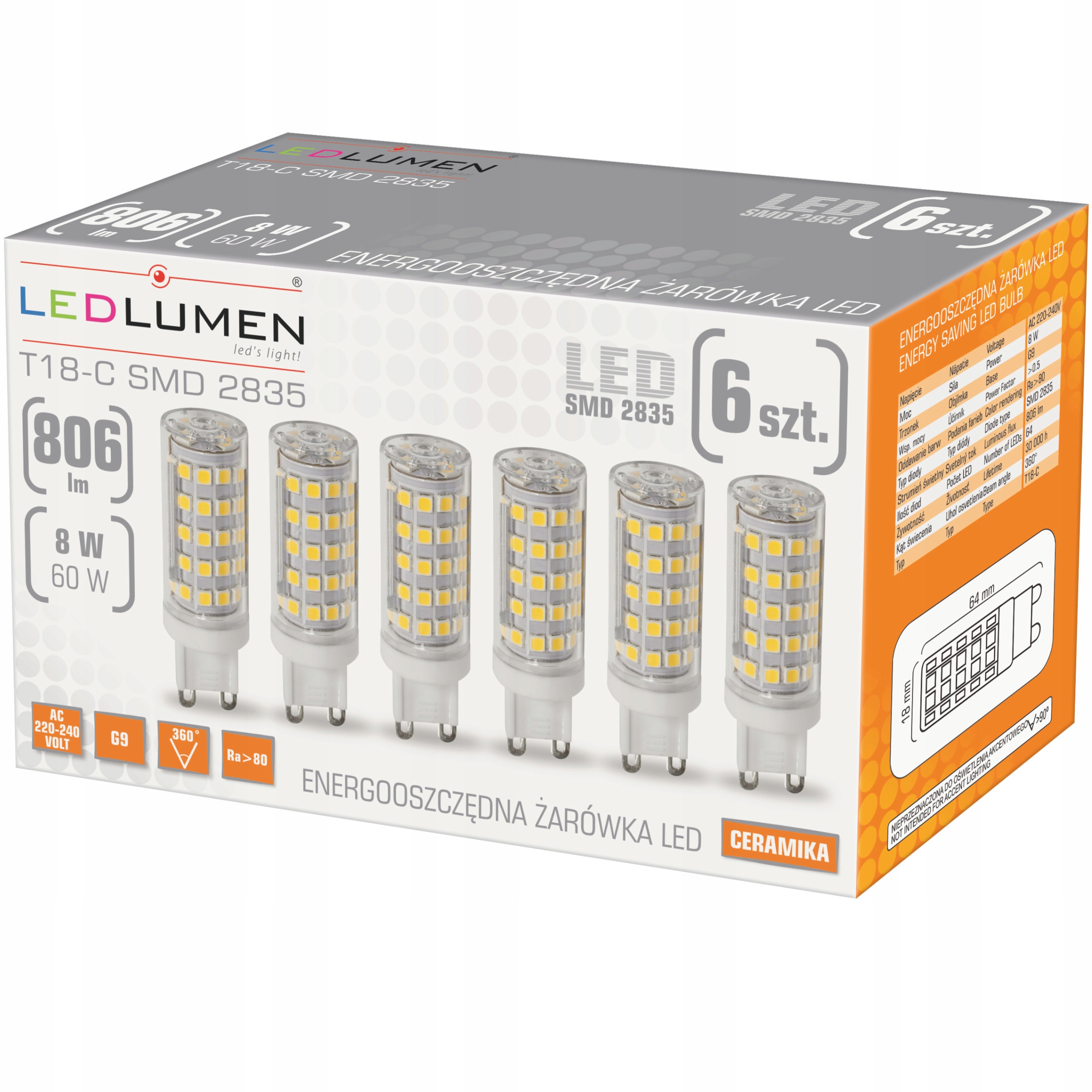 

Zestaw 6x Żarówka Led G9 Mini 8W=60W 2835SMD 806lm