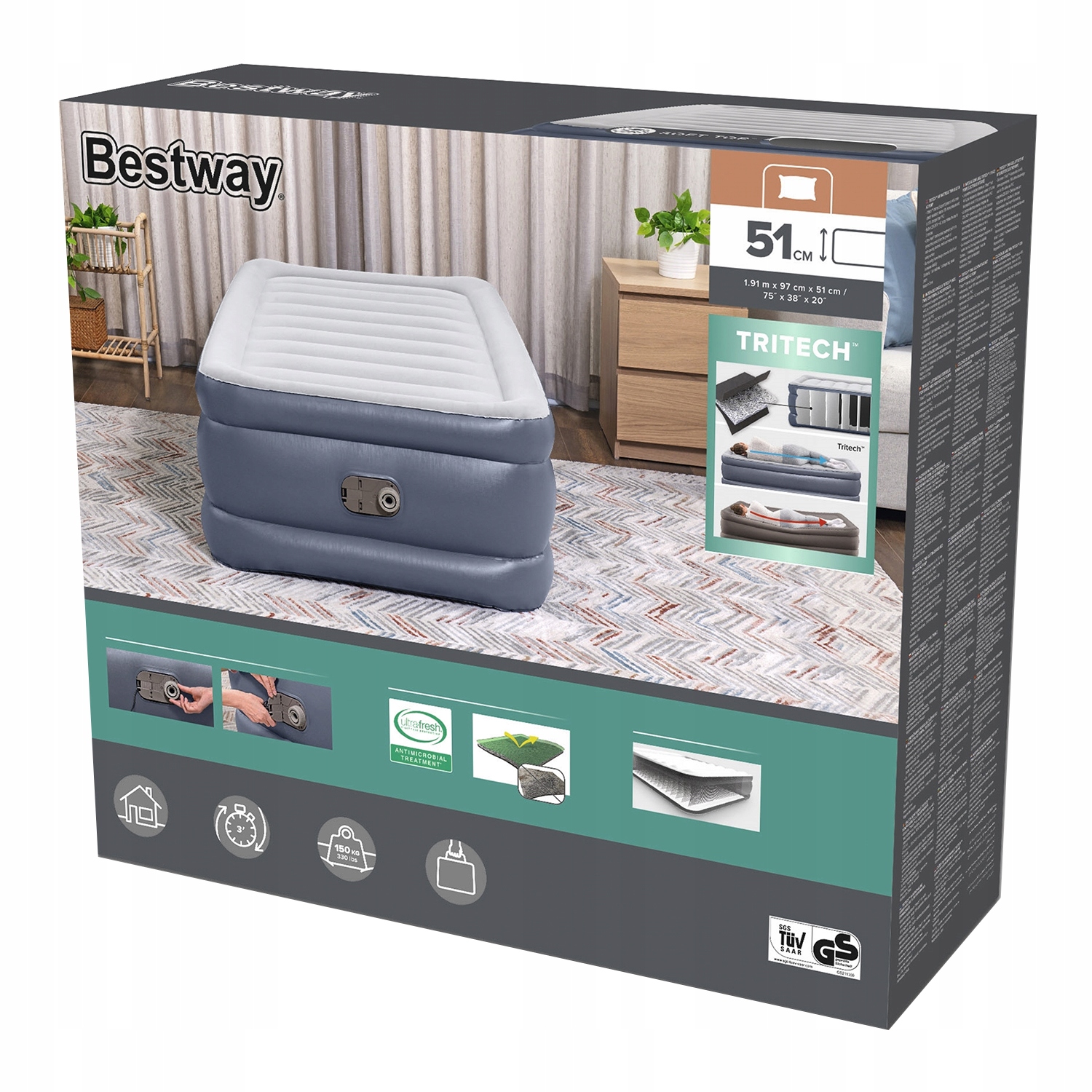 Matrace 191x97x51CM Velurová Pvc Vestavěná Pumpa Bestway 6713G