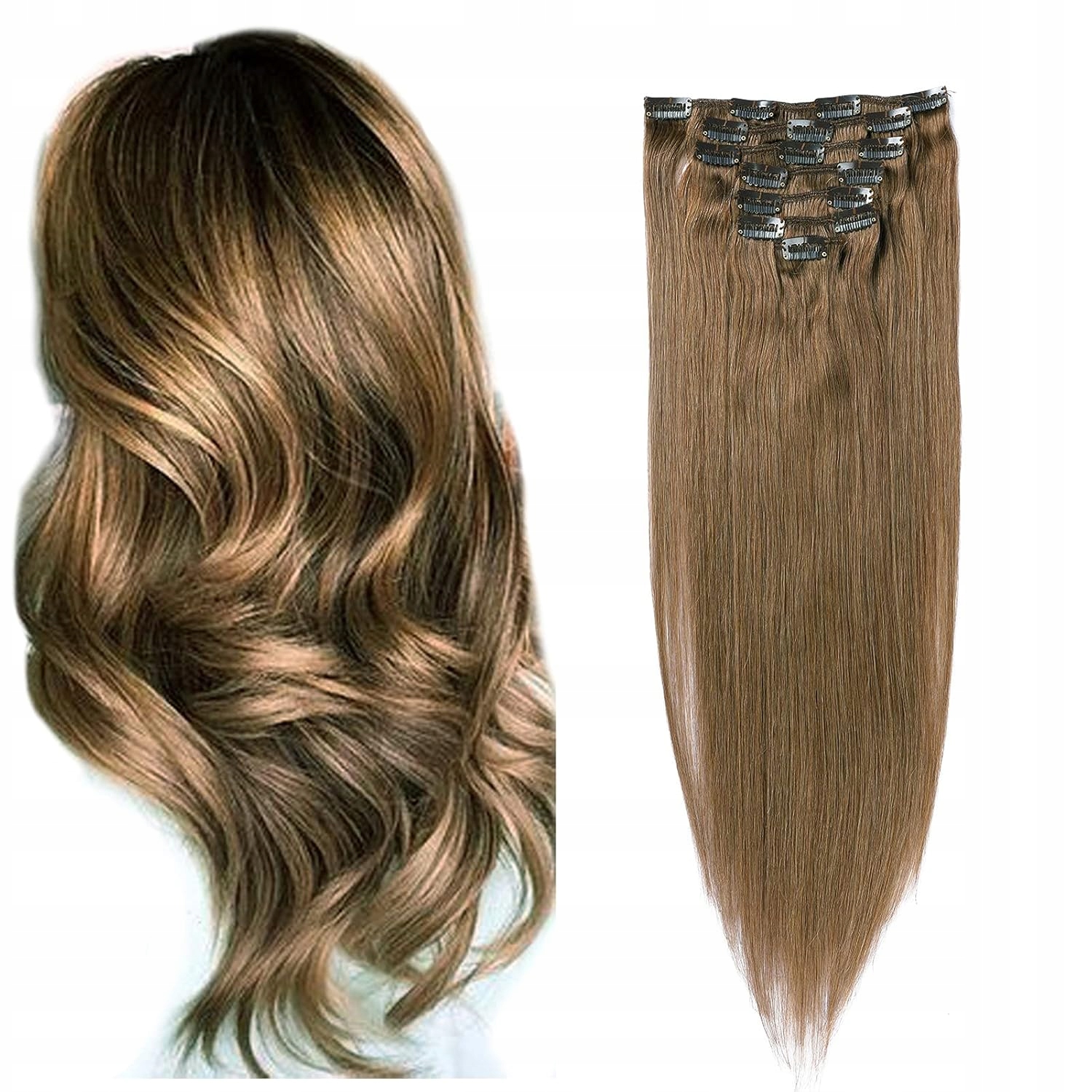 Treska clip in włosy naturalne pasma 8# brown 18" 120g