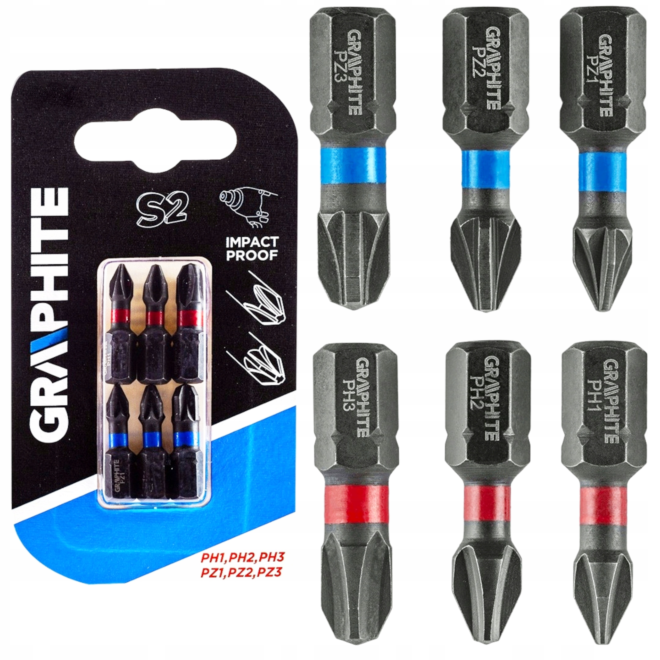 Bity Udarowe Zestaw Ph Pz Stal S2 Do Zakrętarki Wkrętarki Mocne Graphite