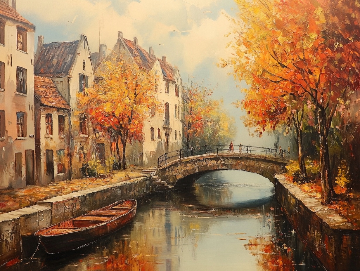 Obraz Na Plátně Canvas Podzim Město Stará Řeka Kanál Most Loď 80x60