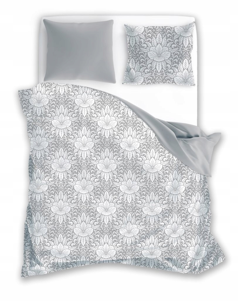 Dwustronna Szara Gusto 02 Białe Kwiaty Bawełna Pościel 220x200