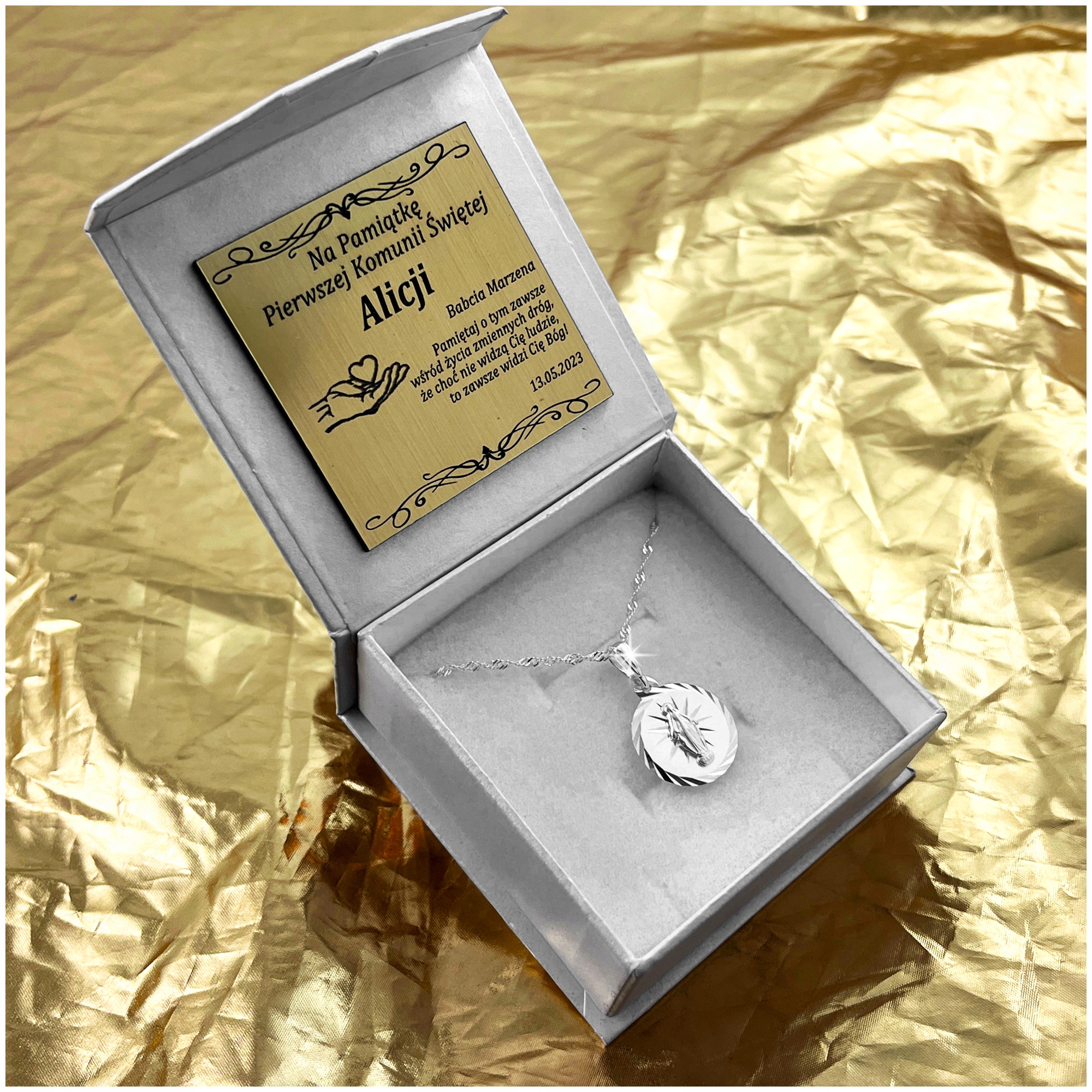 SREBRNY ŁAŃCUSZEK SINGAPUR + MEDALIK 925 MATKA BOSKA + GRAWER BIERZMOWANIE Kolor srebrny