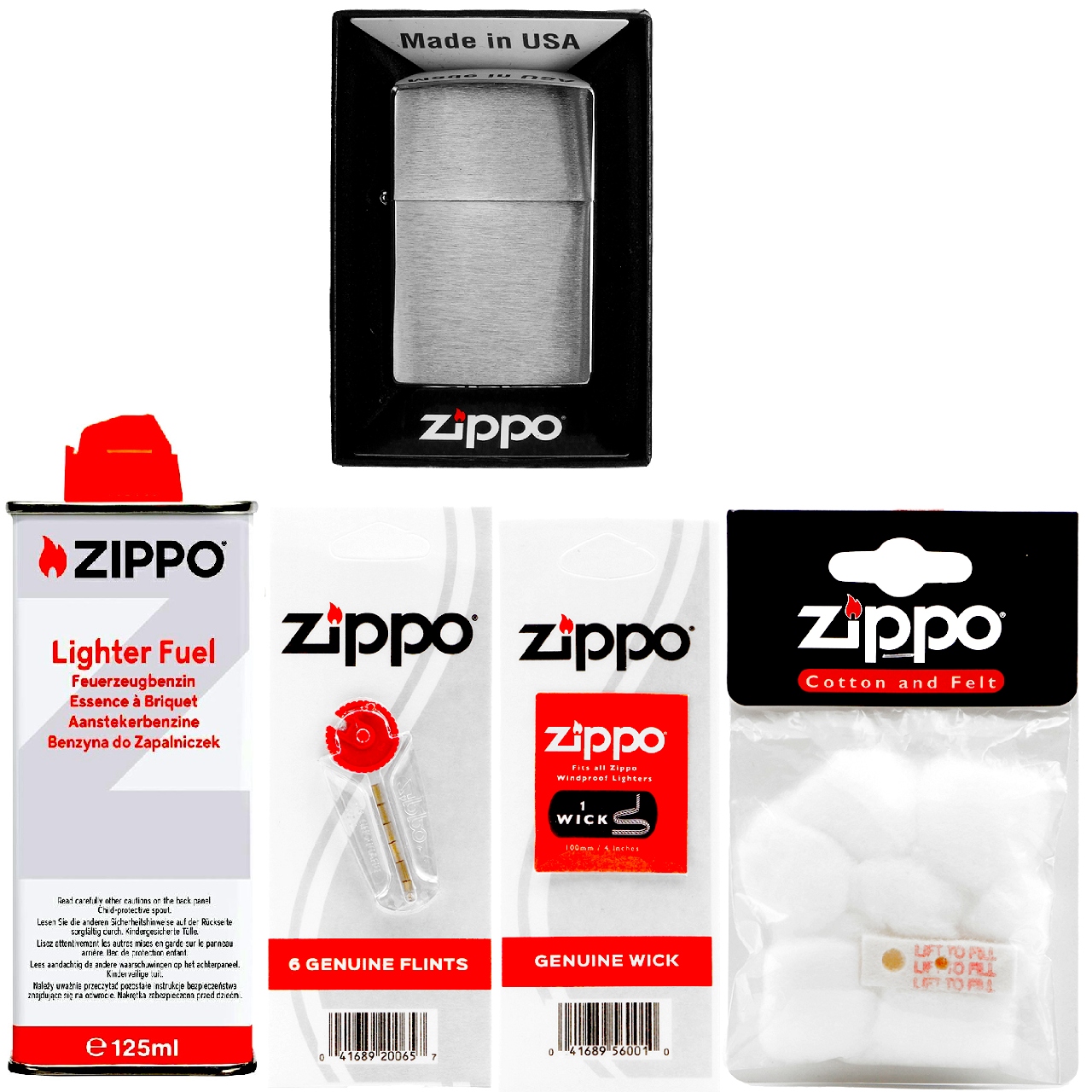 Sada Zippo Zapalovač Brushed Chrome Benzín Kameny Knot Watka Příslušenství