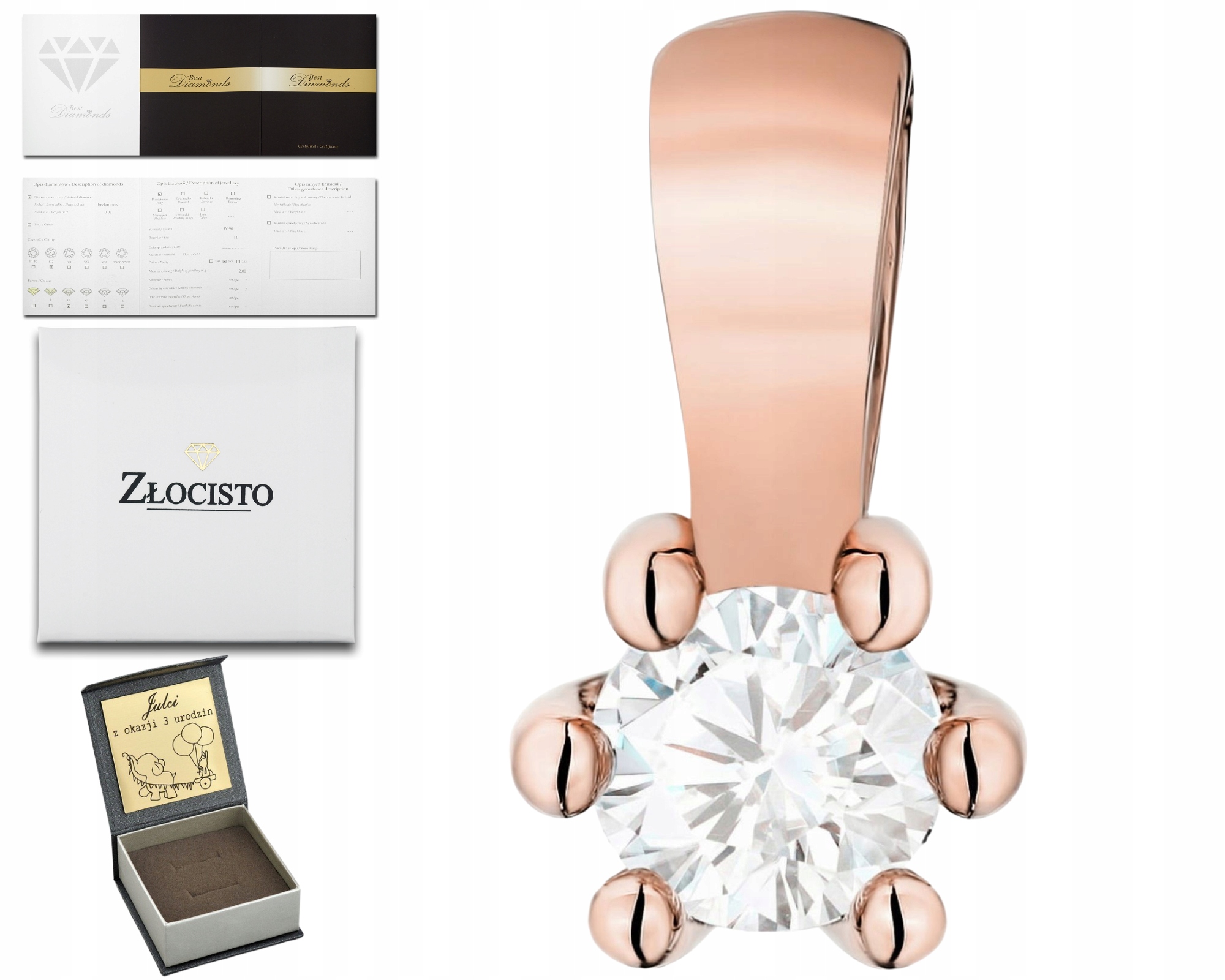 Růžové Zlato Přívěsek S Laboratorním Diamantem Drtič 585 14K Gravírování