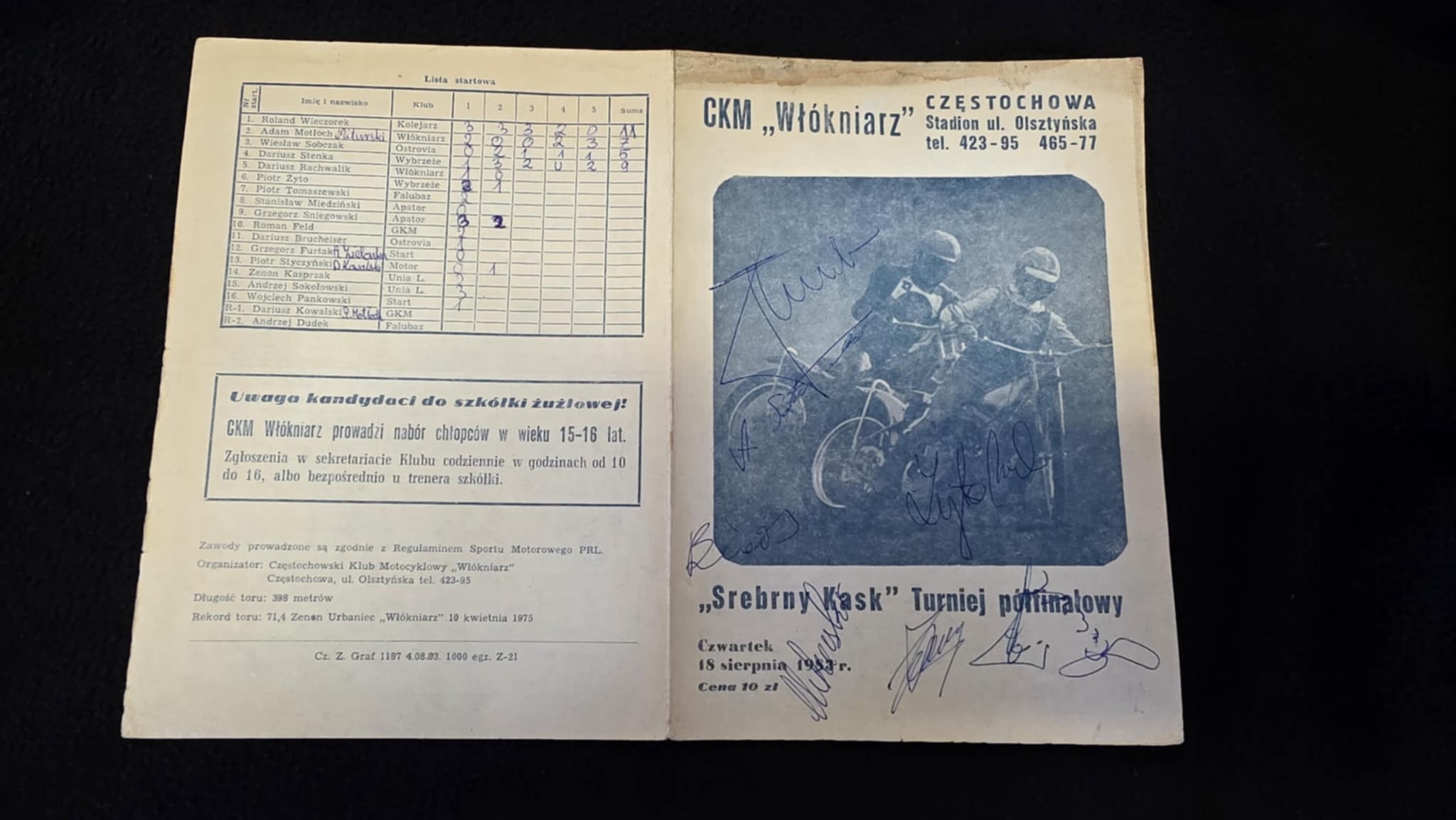 1983 CKM WŁÓKNIARZ CZĘSTOCHOWA SREBRNY KASK AUTOGRAFY