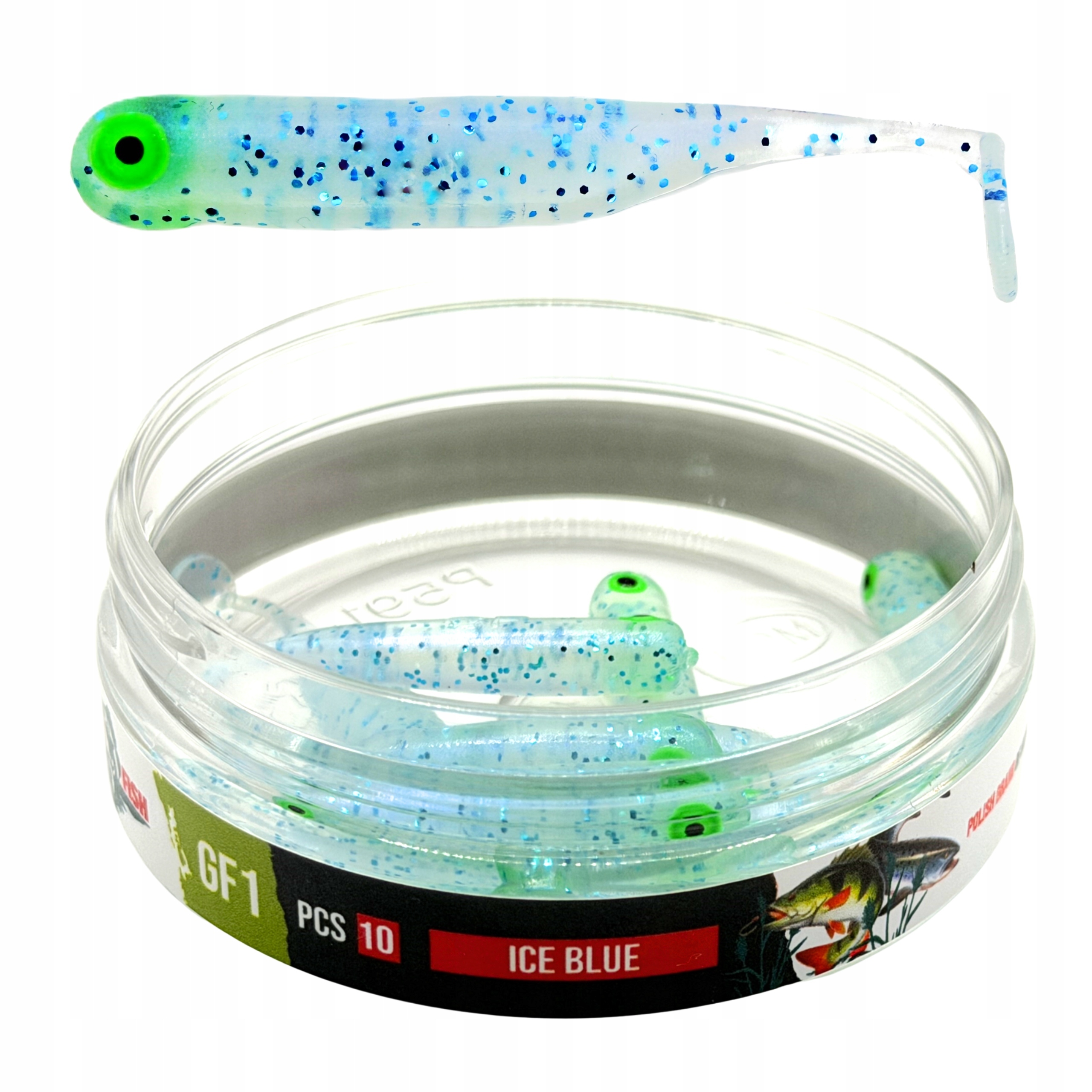 Przynęty na okonia Great Fish GF1 Ice Blue 49 mm ripper soft zestaw słoik
