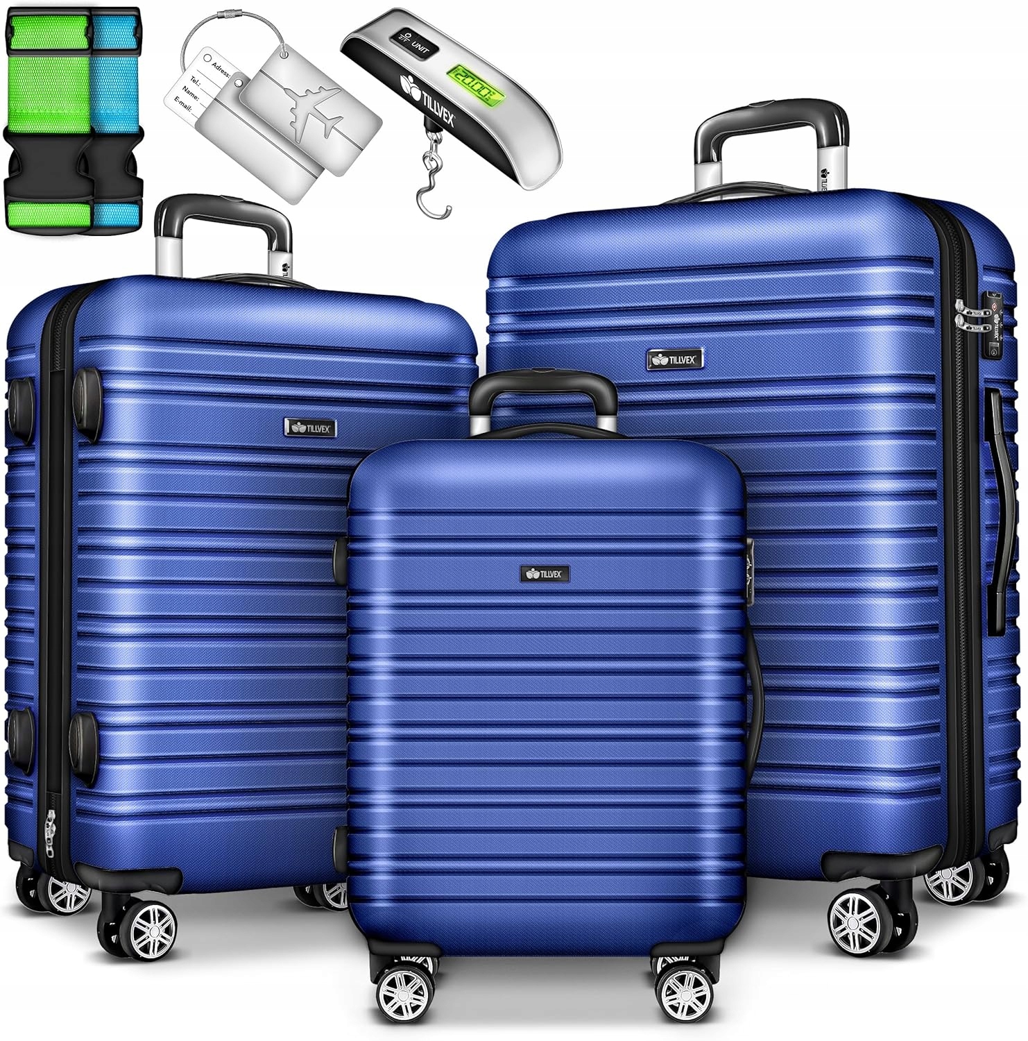 Walizki podróżne Tillvex 3 sztuki – twarda skorupa, 4 koła, zamek Tsa
