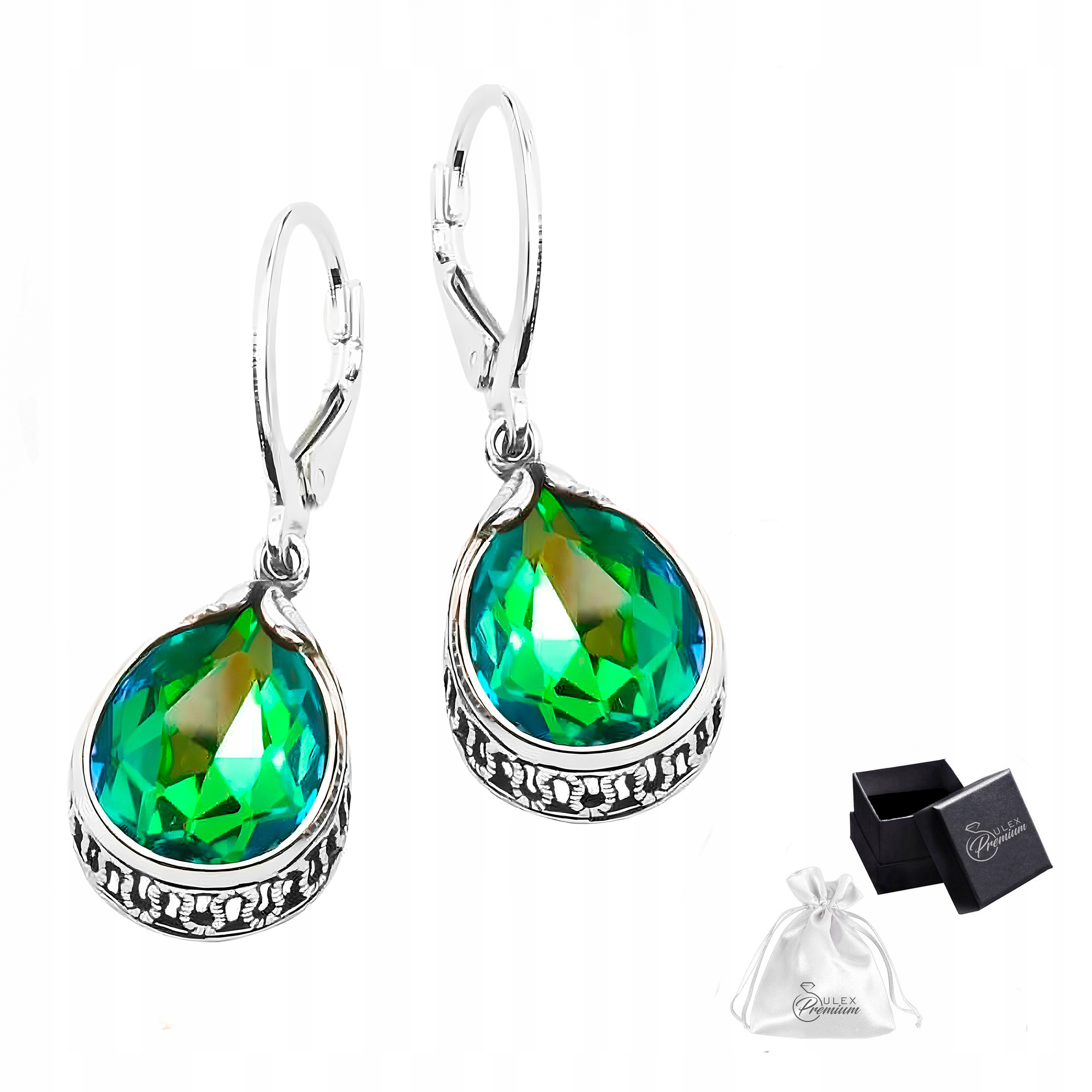 Stříbrné Náušnice pr.925 Elegantní Náušnice se zeleným krystalem Sphinx
