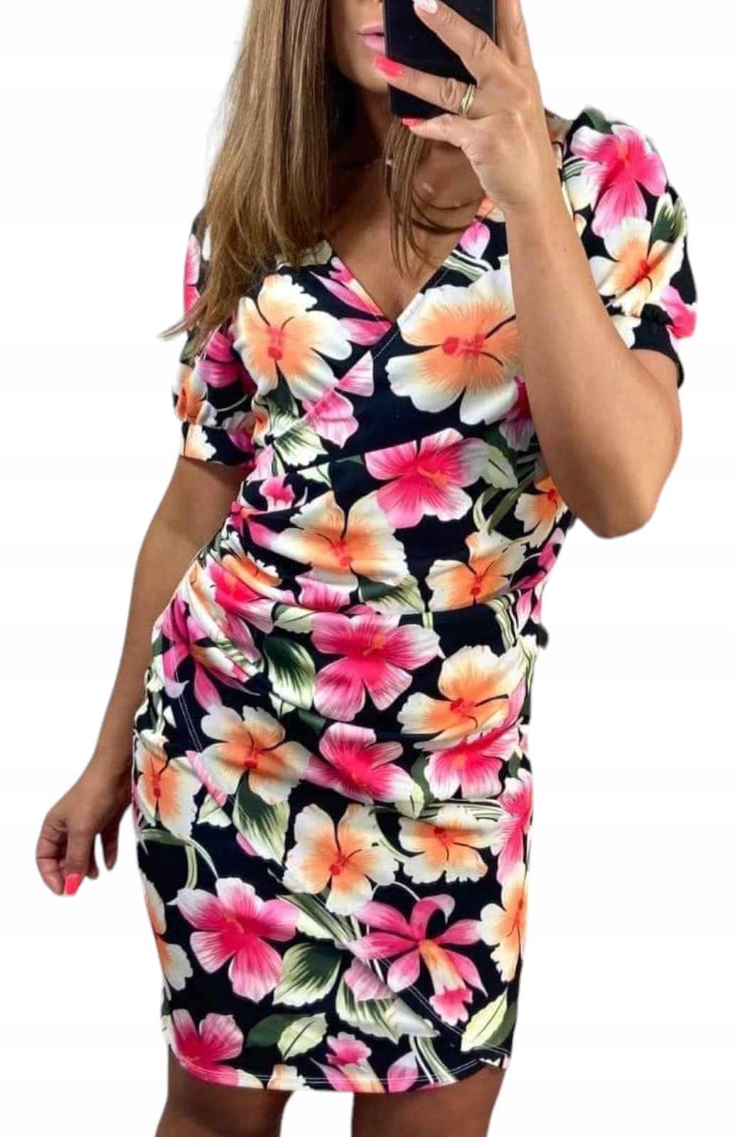 V741 Elegantní Květinové Šaty S Volany, vel. 42 (XL)