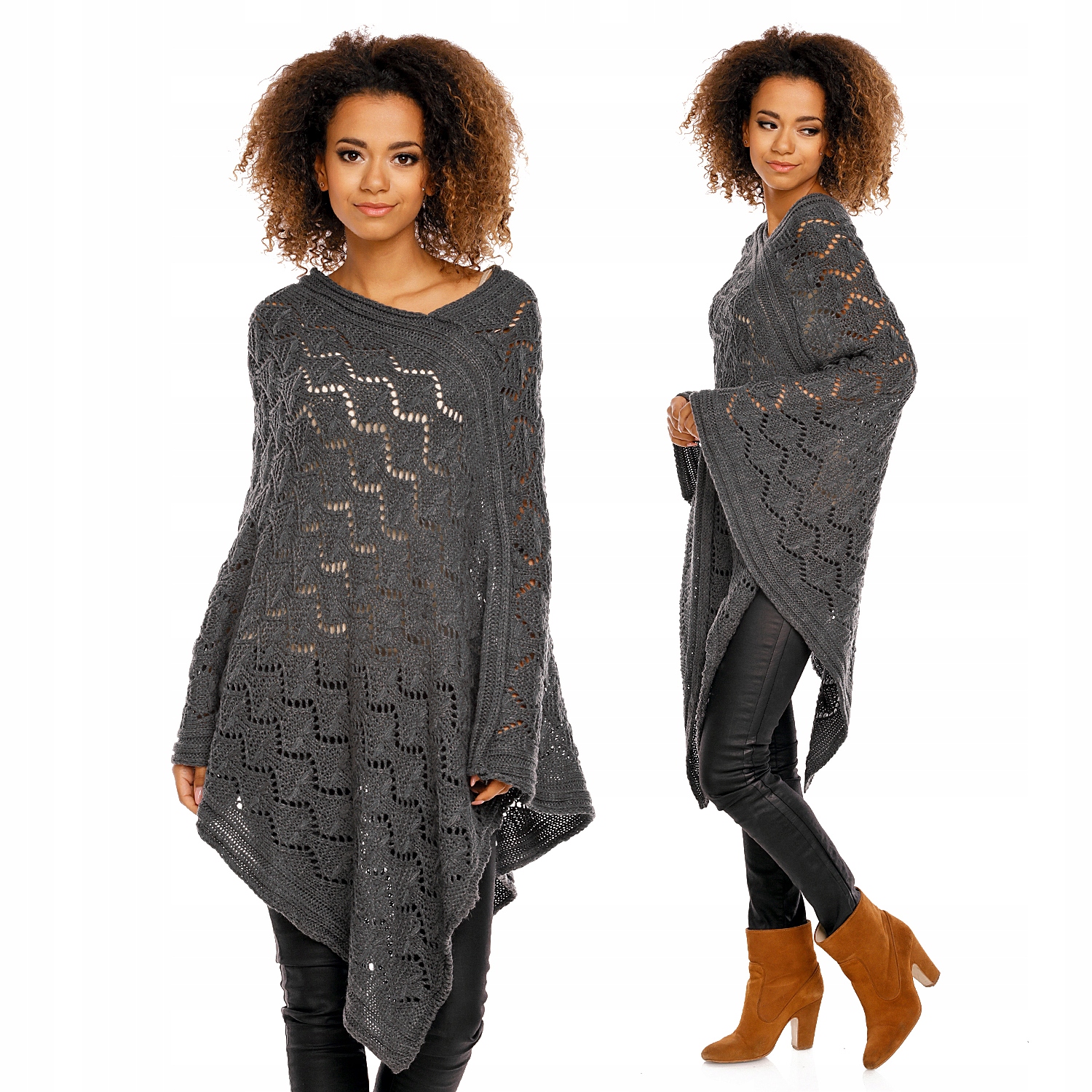30012 ELEGANCKIE AŻUROWE PONCHO CIEPLUTKIE GRAFIT