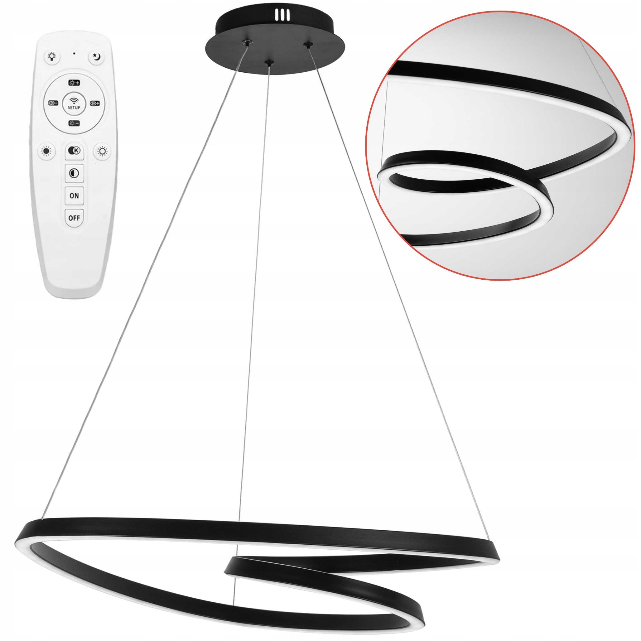 Závěsná Led lampa Černá Kovová Prstencová Led Lustr Černá +Dálkový Ovladač