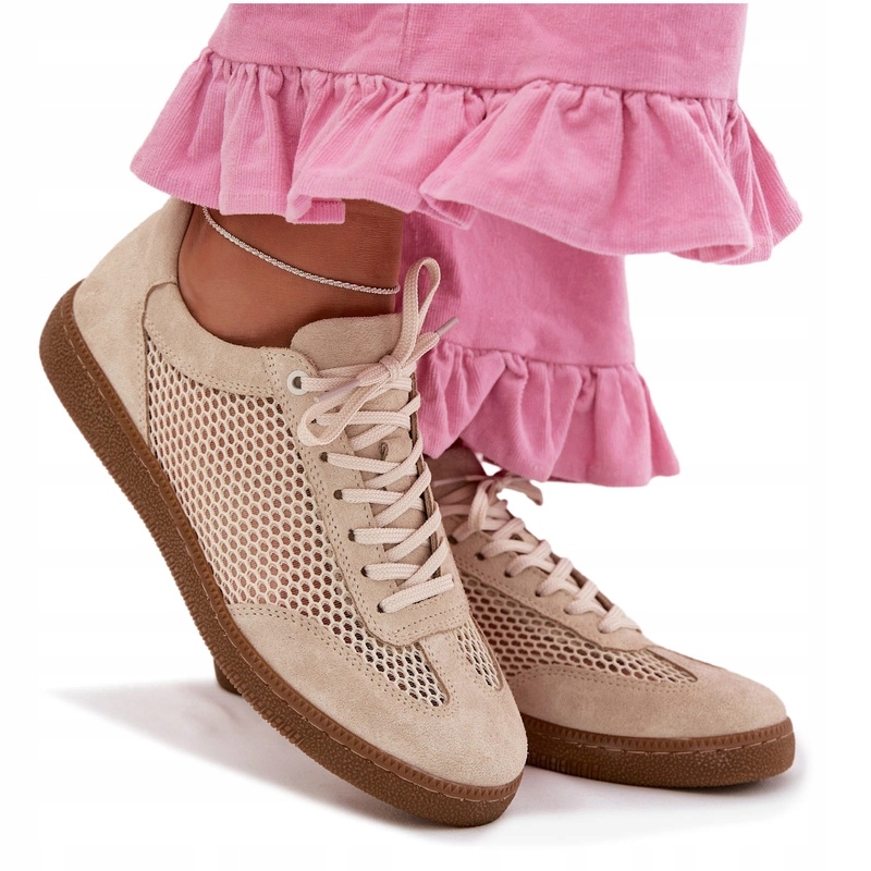 Sneakersy Damskie Niskie Naturalny Zamsz Siateczka Zazoo N1142 Beżowe 38