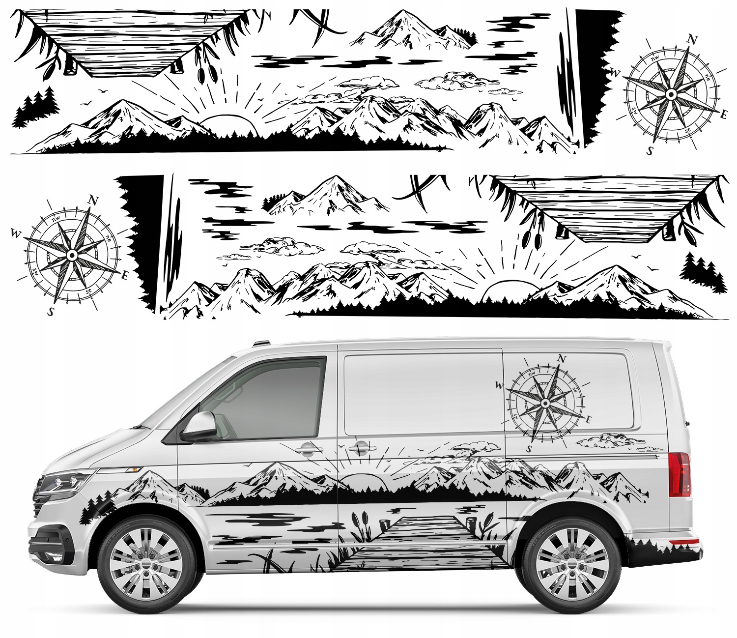 Nálepka Grafika na karavan Jazero Hory Ruža Vetrov Kompas 93x900
