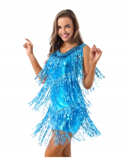 Sukienka Do Tańca Damska Latino Strój Niebieska Z Frędzlami M 2684