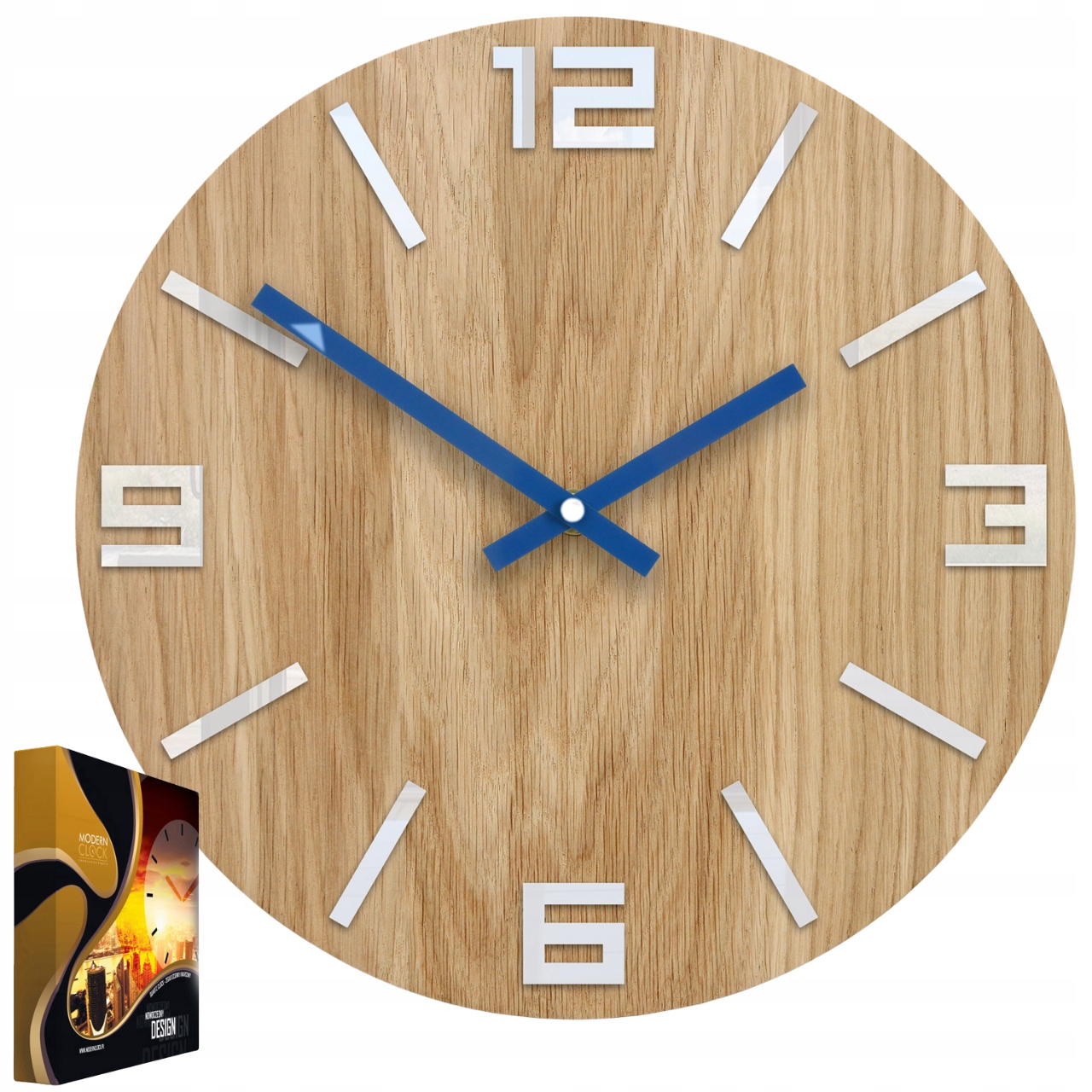 Nástěnný dubový dřevěný křemenný hodinový stroj Arabic Wood White&Blue