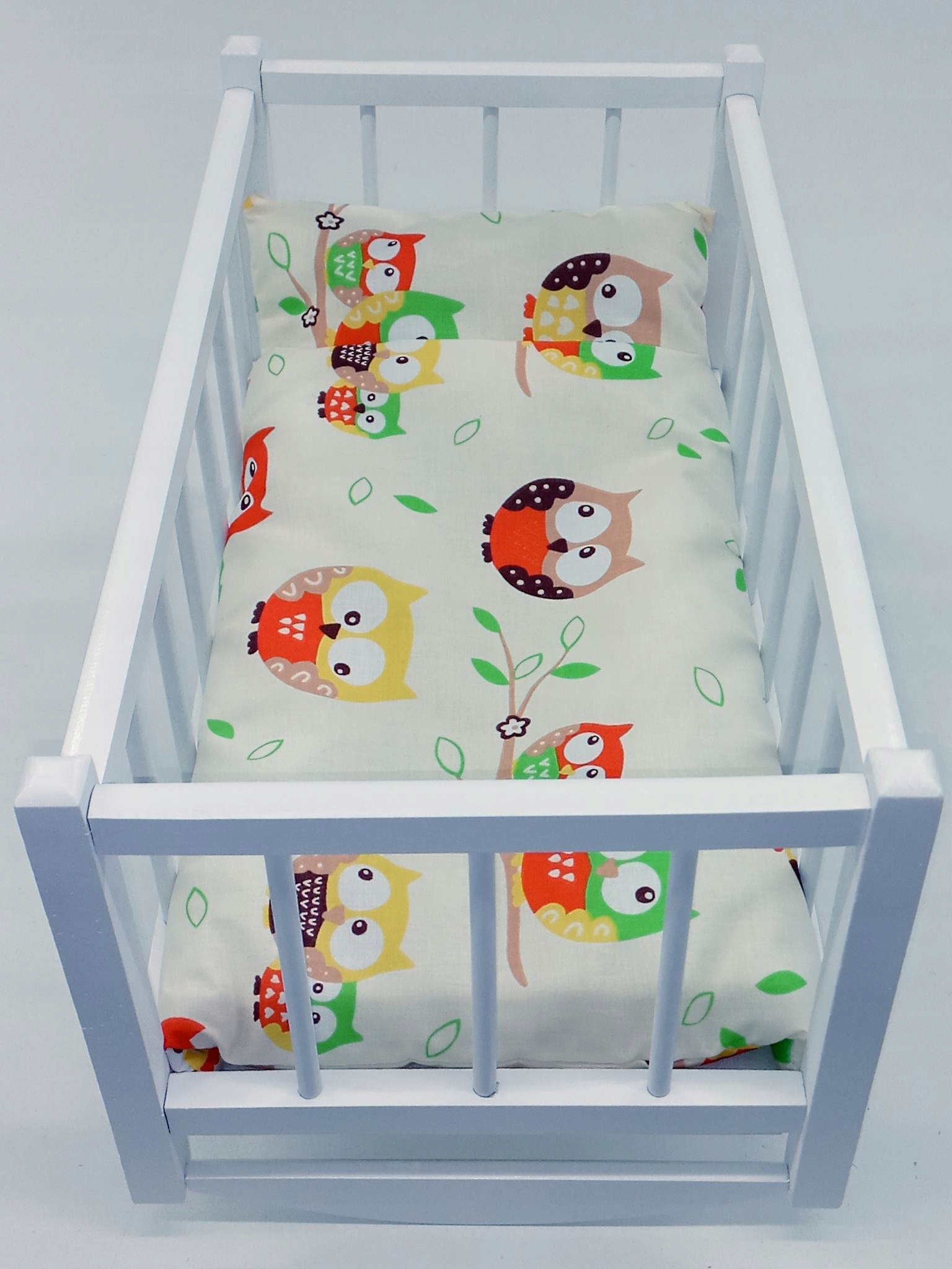 KOŁYSKA DLA LALEK BIAŁA DREWNIANA + POŚCIEL 3el