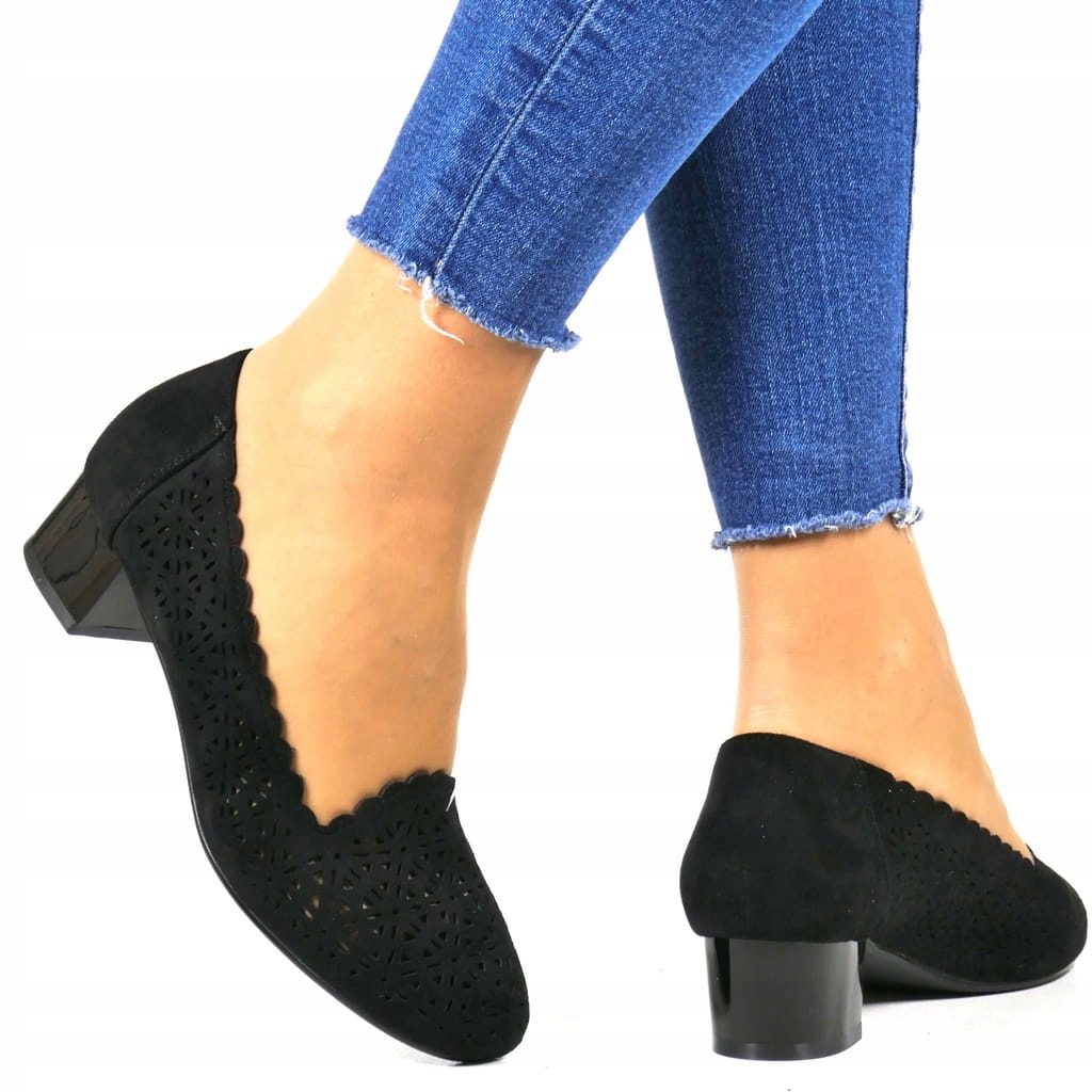 Černé Dámské Polobotky Na Potocki Semišovém Podpatku S Prolamovanými Výřezy