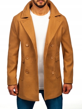 Camelový dvouřadý krátký pánský zimní kabát Denley 11Z8215A2_2XL