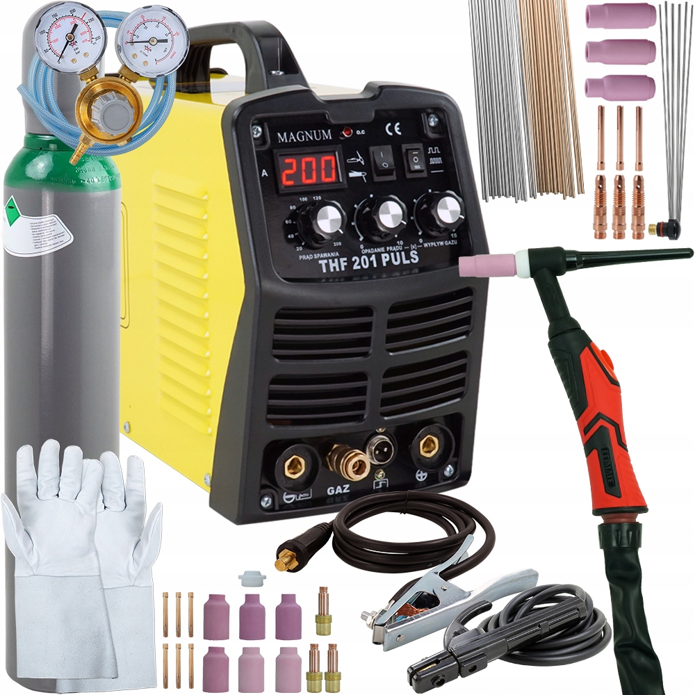 SPAWARKA Magnum TIG DC THF 200 A PULS MMA ZESTAW LCD BUTLA RĘKAWICE UCHWYT