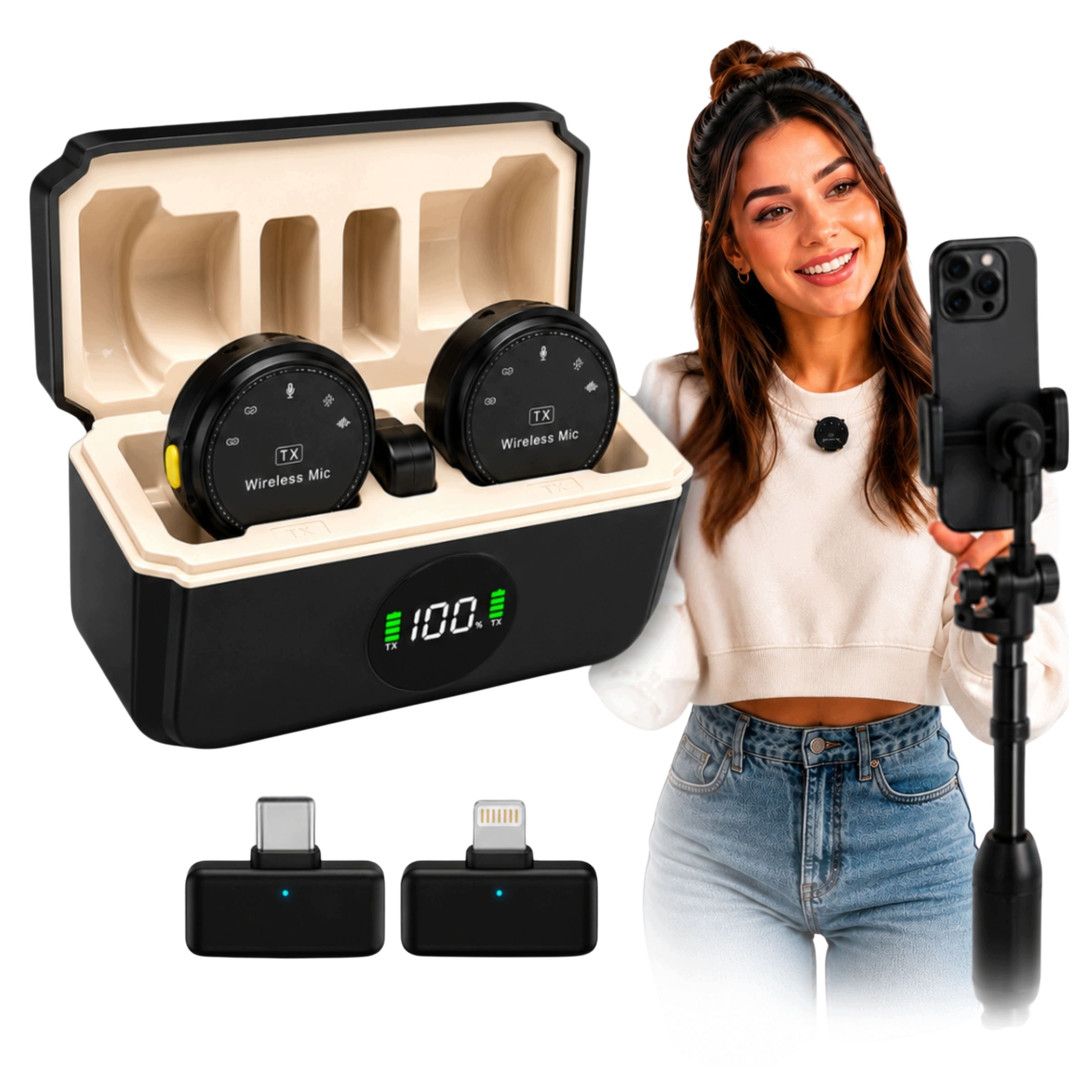 Bezdrátový Kravatový Mikrofon 2x iPhone Android Pro Telefon Set+pouzdro