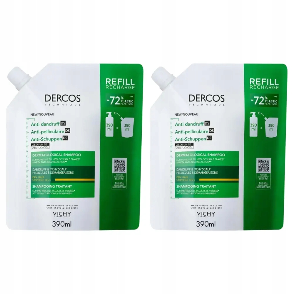 2x Vichy Dercos Ds, szampon przeciwłupieżowy, włosy suche, Refill, 390 ml