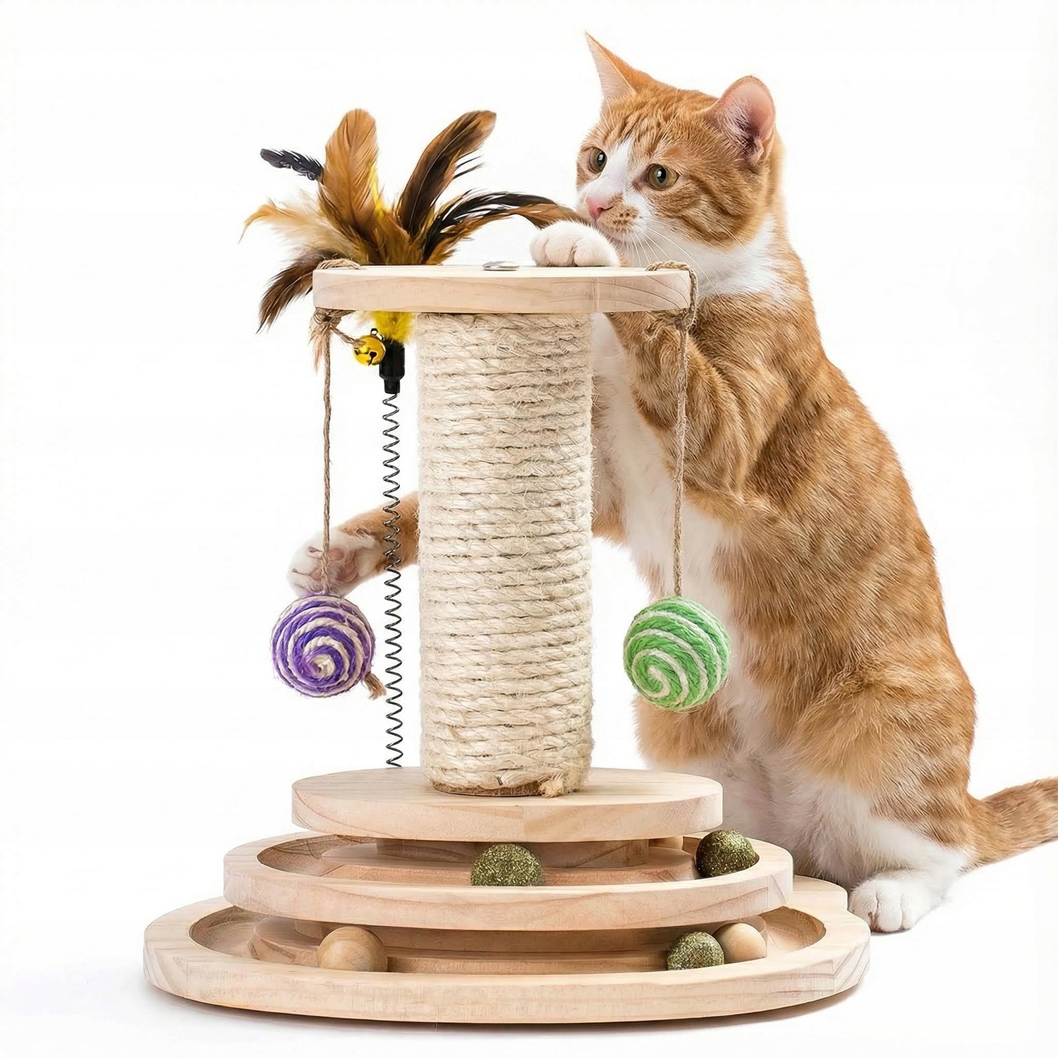 Levně Hračka Pro Kočky Dřevěné Škrabadlo 3-ÚROVŇOVÉ Míčky