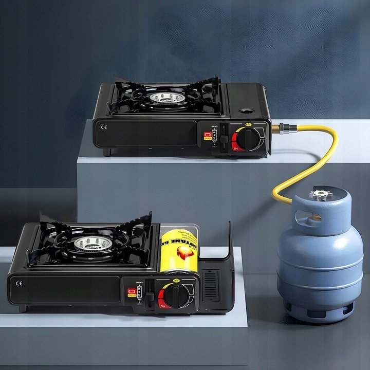 PŘENOSNÝ PLYNOVÝ VAŘIČ TURISTICKÝ VOLNĚ STOJÍCÍ + ADAPTÉR NA PLYNOVÉ LAHVE + KUFRÍK Model 2F