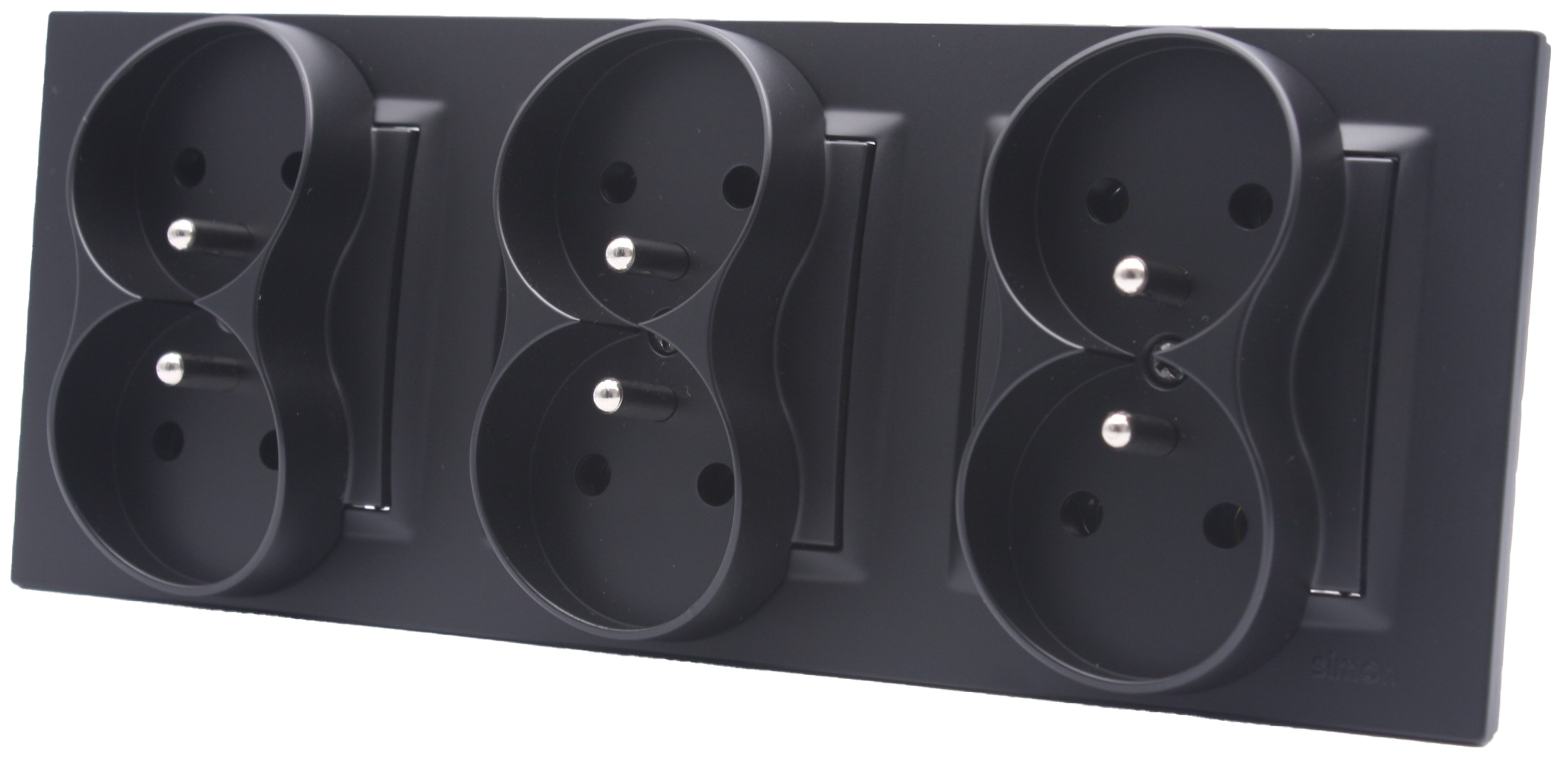 Šestinásobná černá zásuvka s rámečkem, 3 dvojité zásuvky Kontakt Simon 10