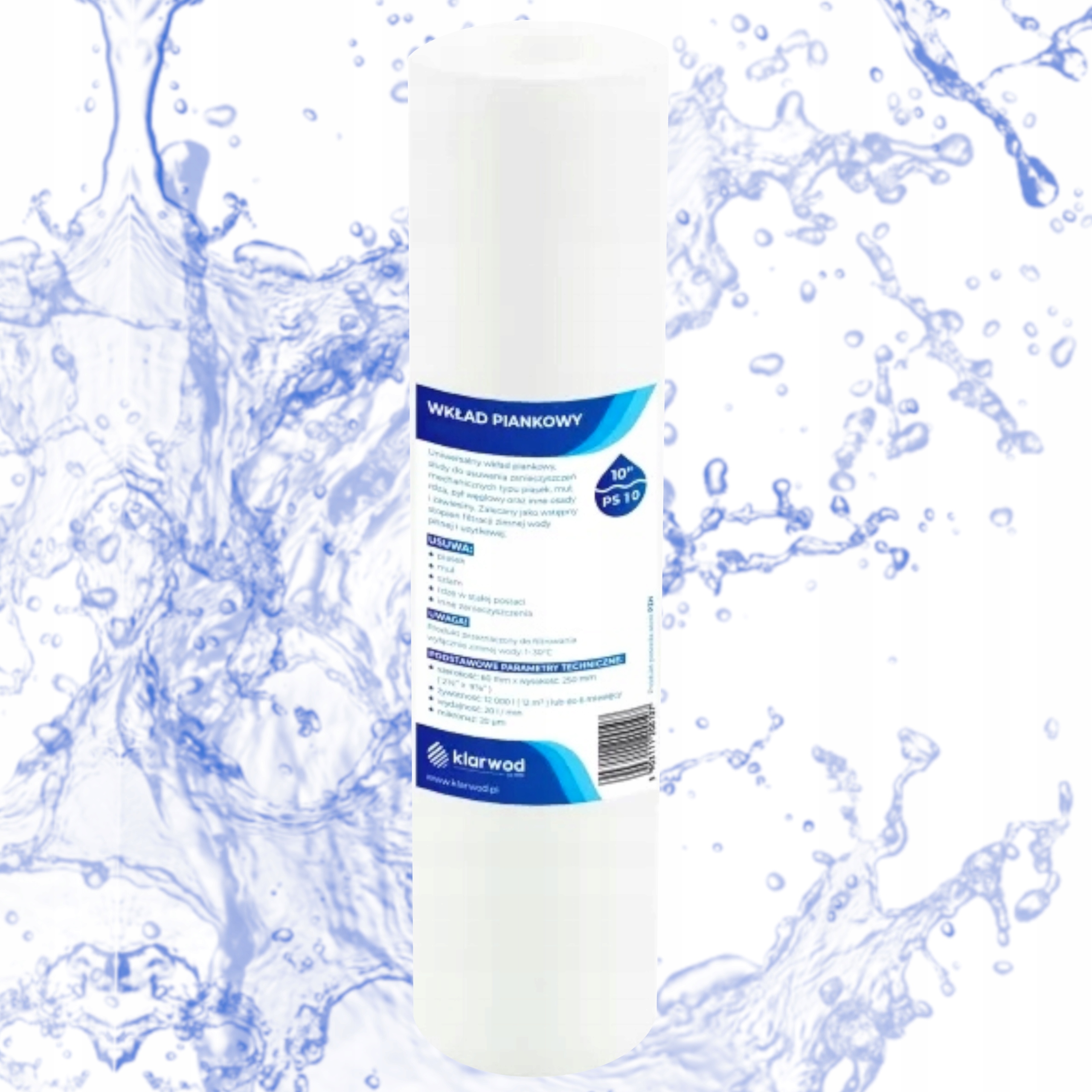 KLARWOD PS10 FILTR DO WODY WKŁAD PIANKOWY POLIPROPYLENOWY 10 MIKRONÓW 10"