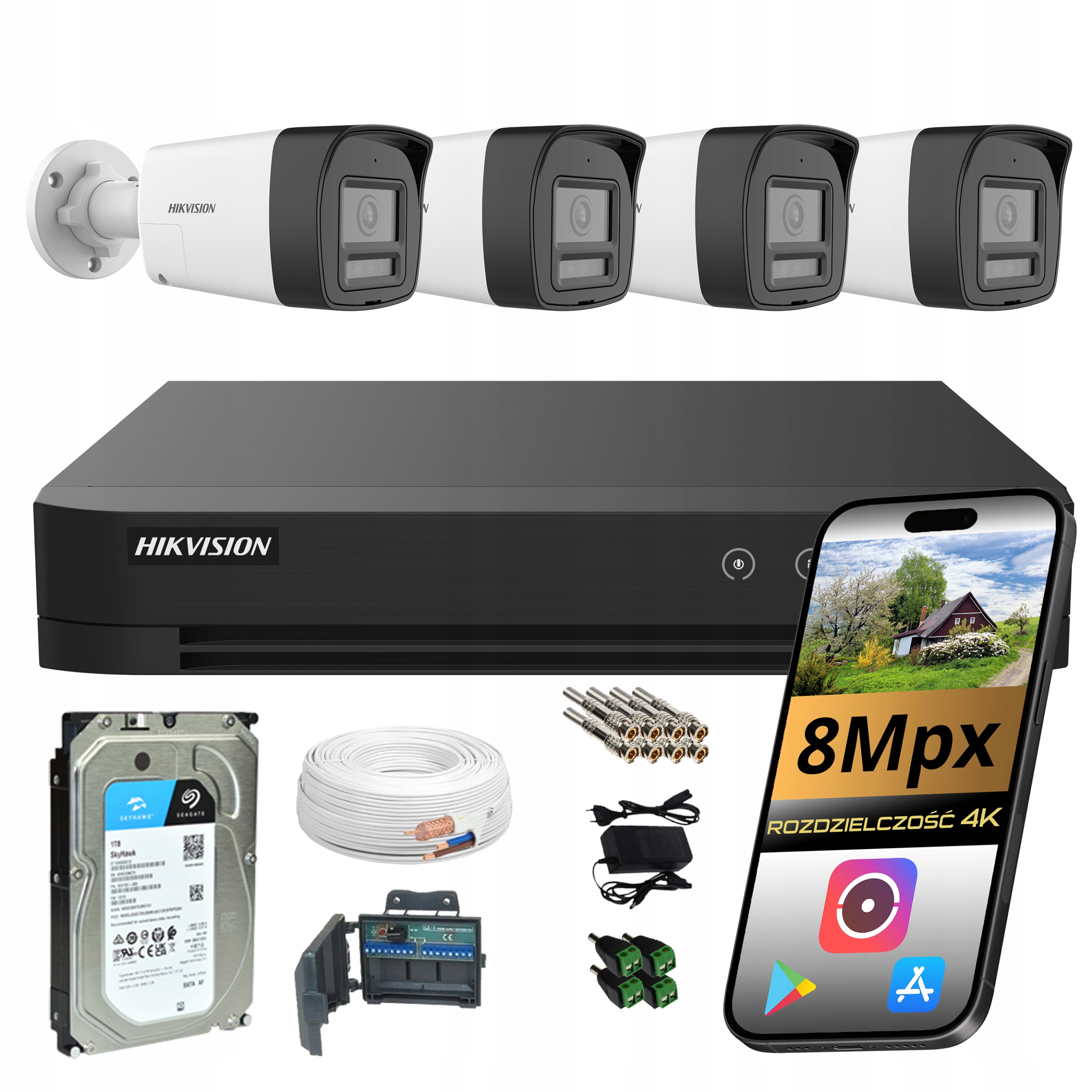 Sada pro monitorování 4 kamer hikvision Ai 4K 8Mpx barva v noci Disk 1TB