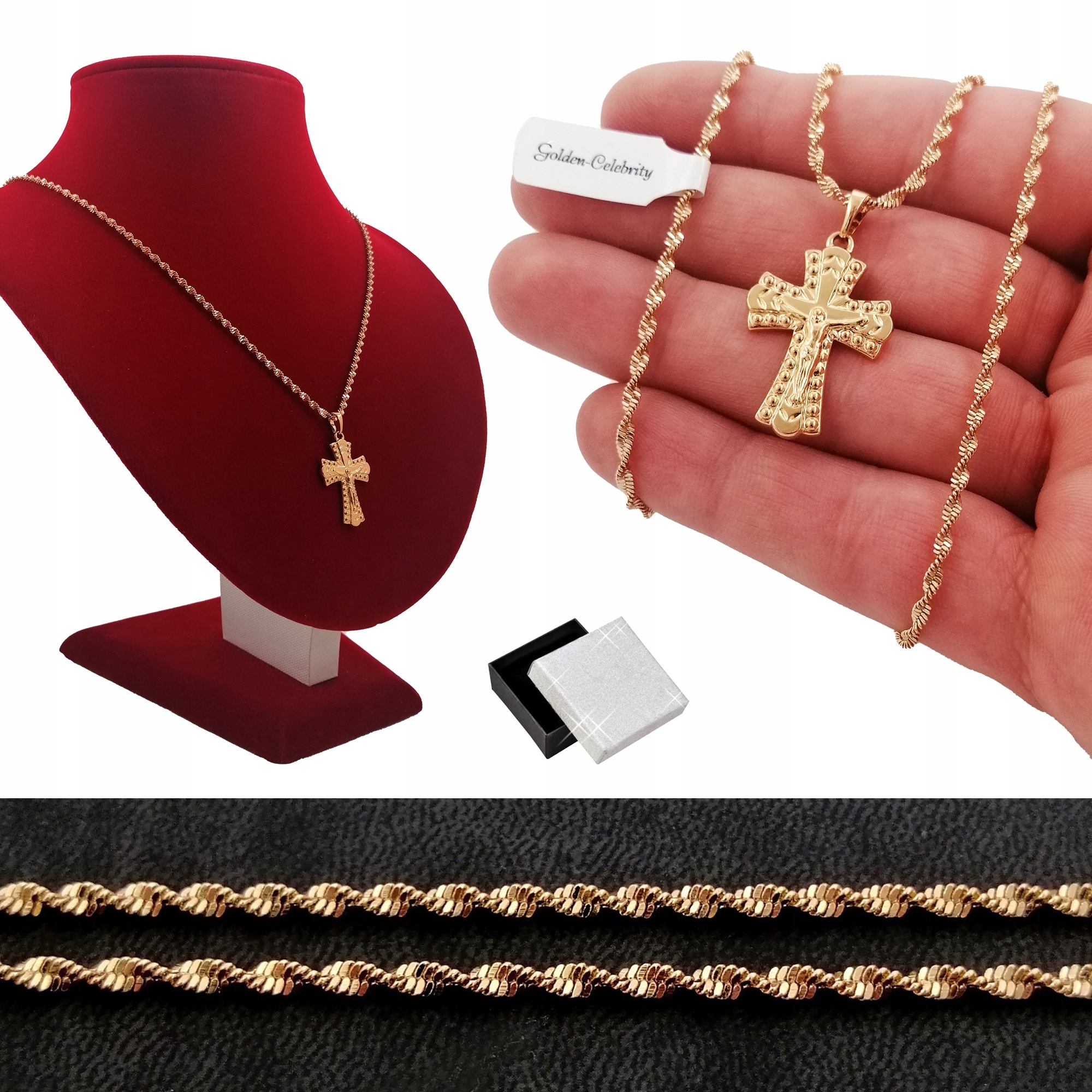 ZŁOTY ŁAŃCUSZEK SINGAPUR 60CM + KRZYŻYK NA PREZENT