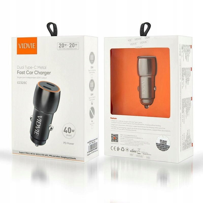 VIDVIE MOCNA SZYBKA ŁADOWARKA SAMOCHODOWA DO TELEFONU 2x USB 4.8A EAN (GTIN) 6974280912589