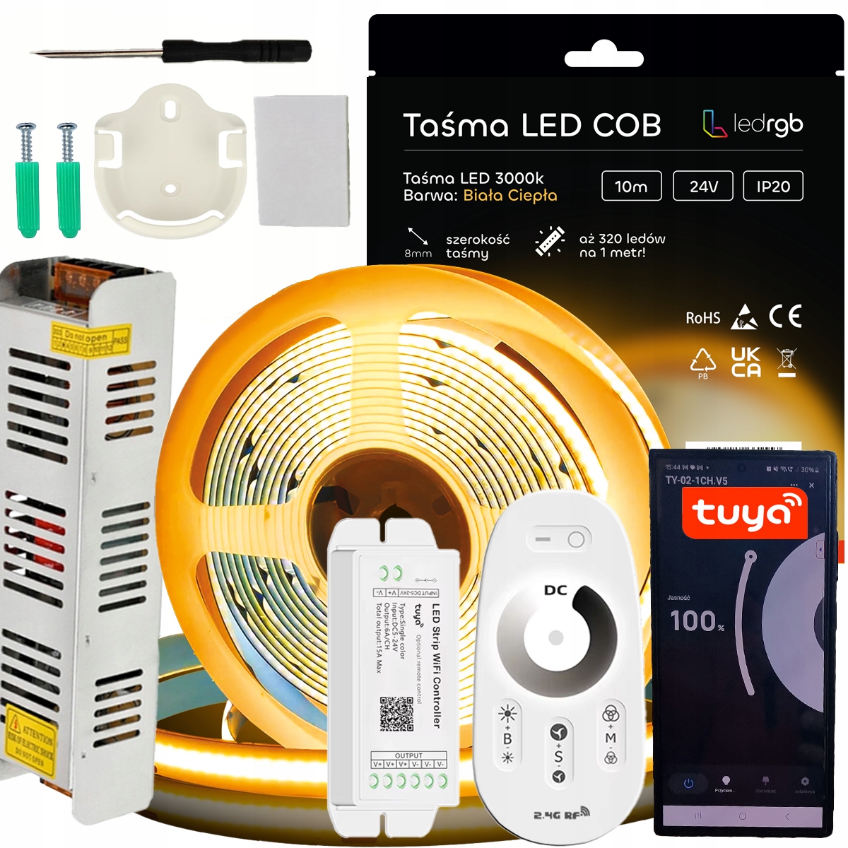 Sada Led pásků Cob 24V 10 m 3000K Bílá Teplá Napájecí Zdroj Tuya Wifi Dálkový Ovladač Rf