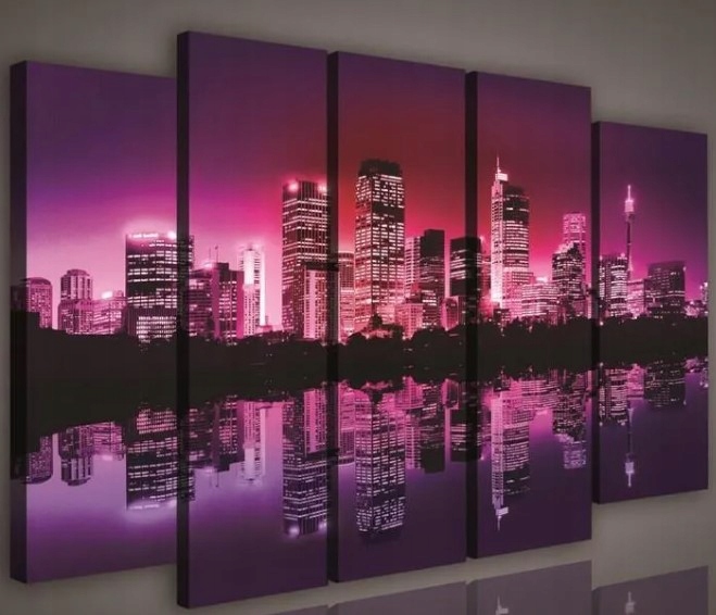 Obraz 150x100 Noční město městská krajina mrakodrapy odraz růžové