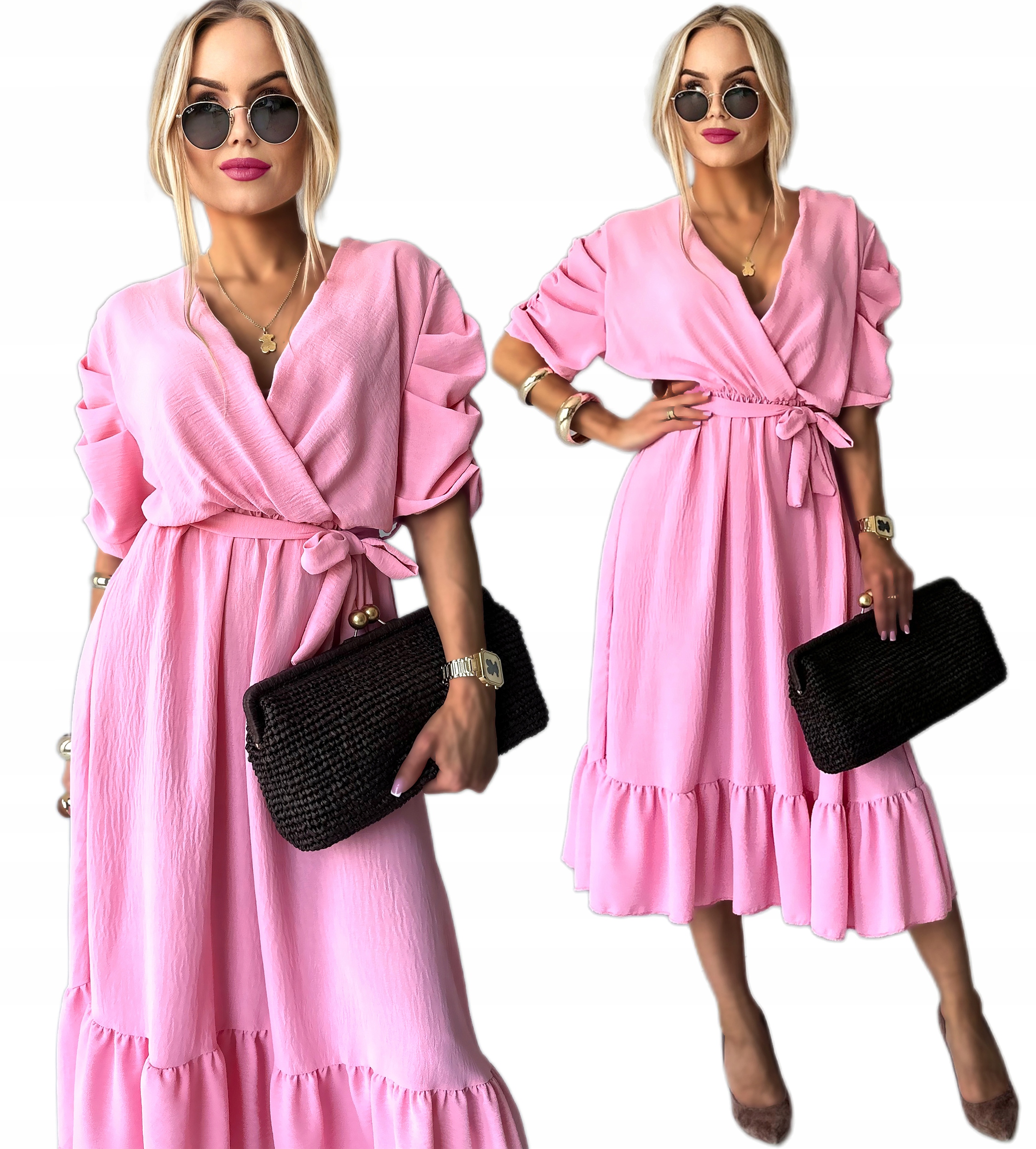 Sukienka Damska rozkloszowana falbana drapowany rękaw wesele Lara