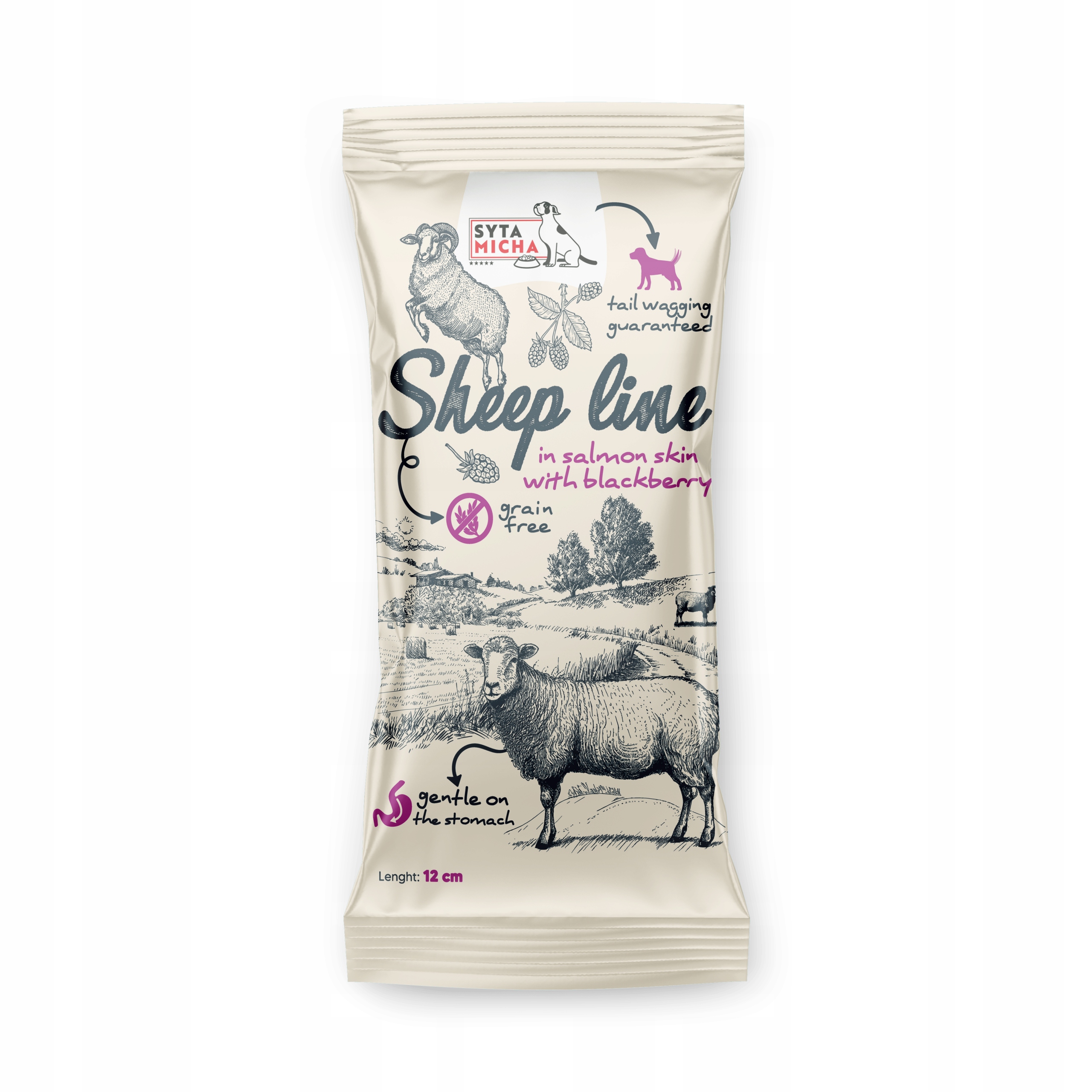 Levně Syta micha Sheep Line žvýkací kost s ovčí kůží a lososem s ostružinami, 12