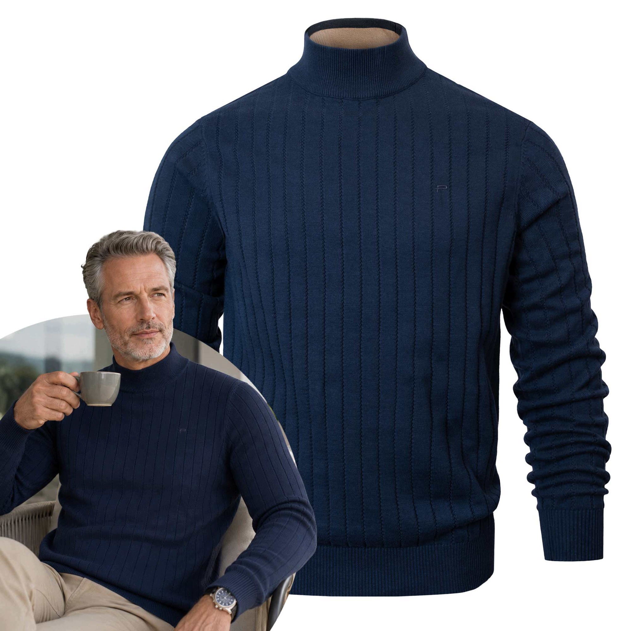 Elegantní pánský pologolfový bavlněný svetr s žebrováním Námořnická Modrá M Pako Jeans